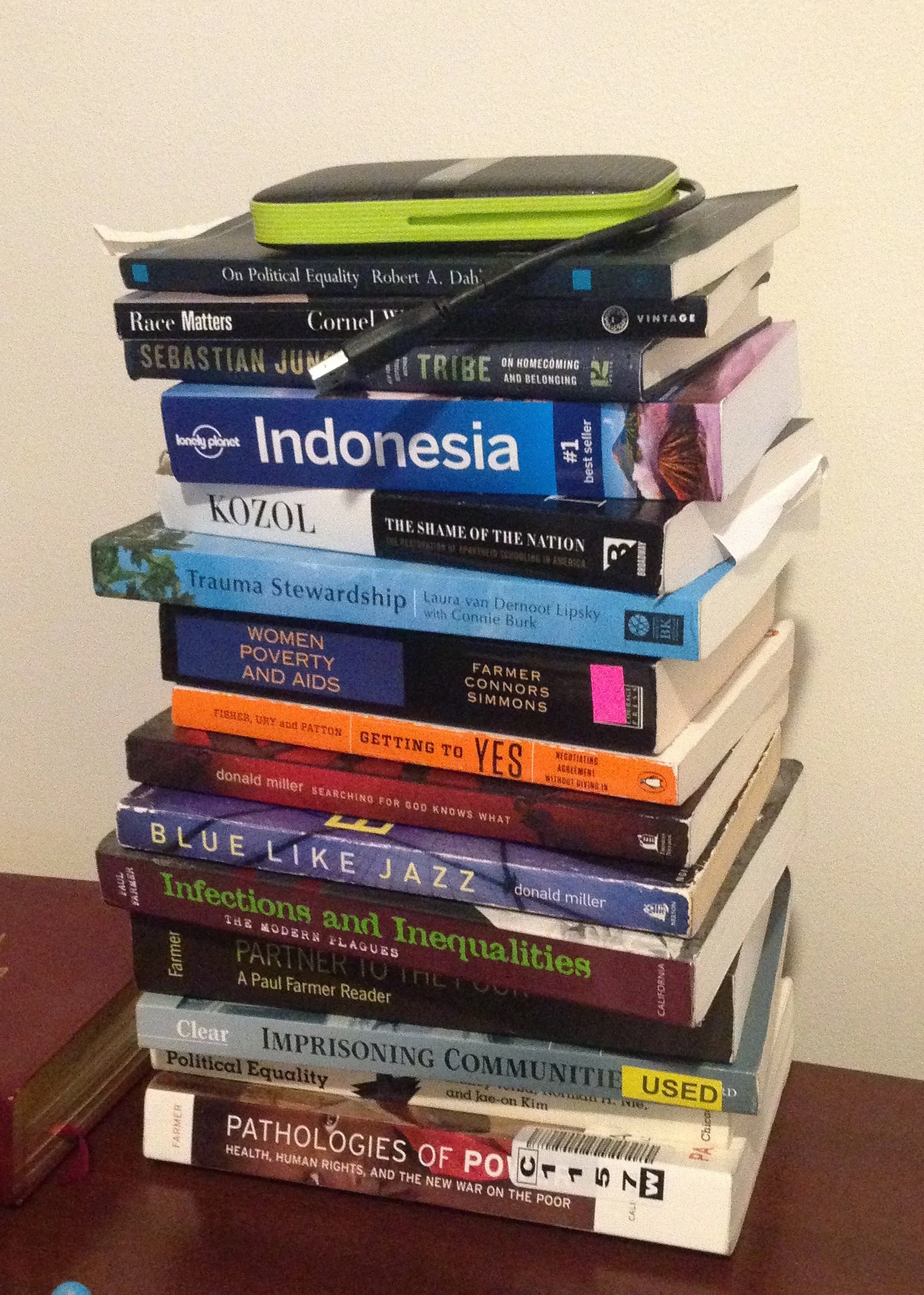 Speaking of piles, here's a pile of SOME of the books that John and I brought back to Thailand - and by us, I mean mostly John!