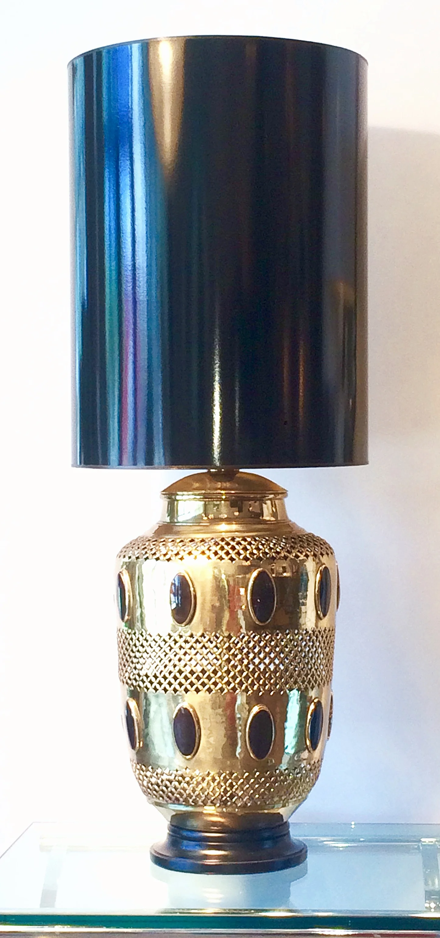 SOLD    monumentally scaled pierce brass lamp