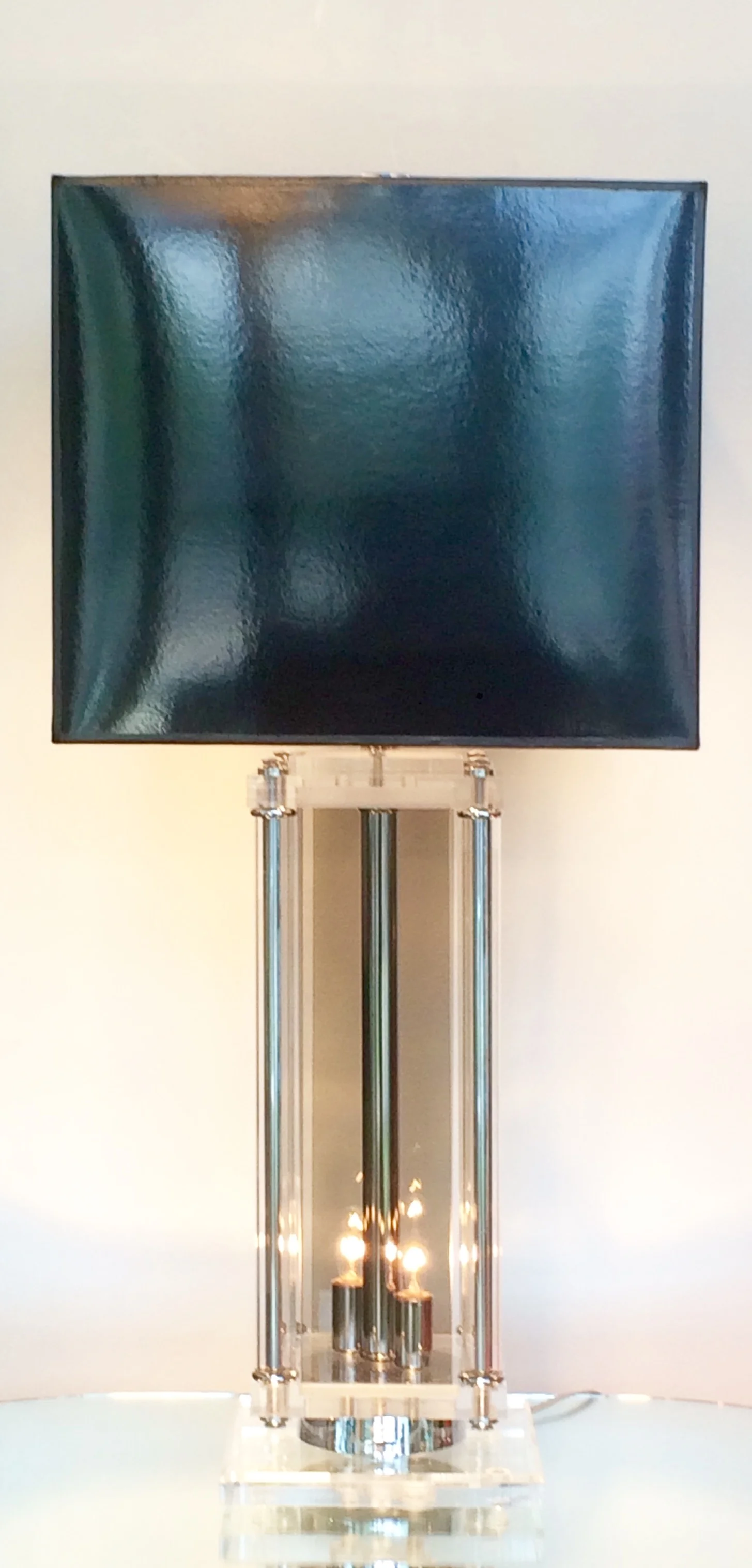 SOLD   114305   pair anthony lucite & grey glass lamps