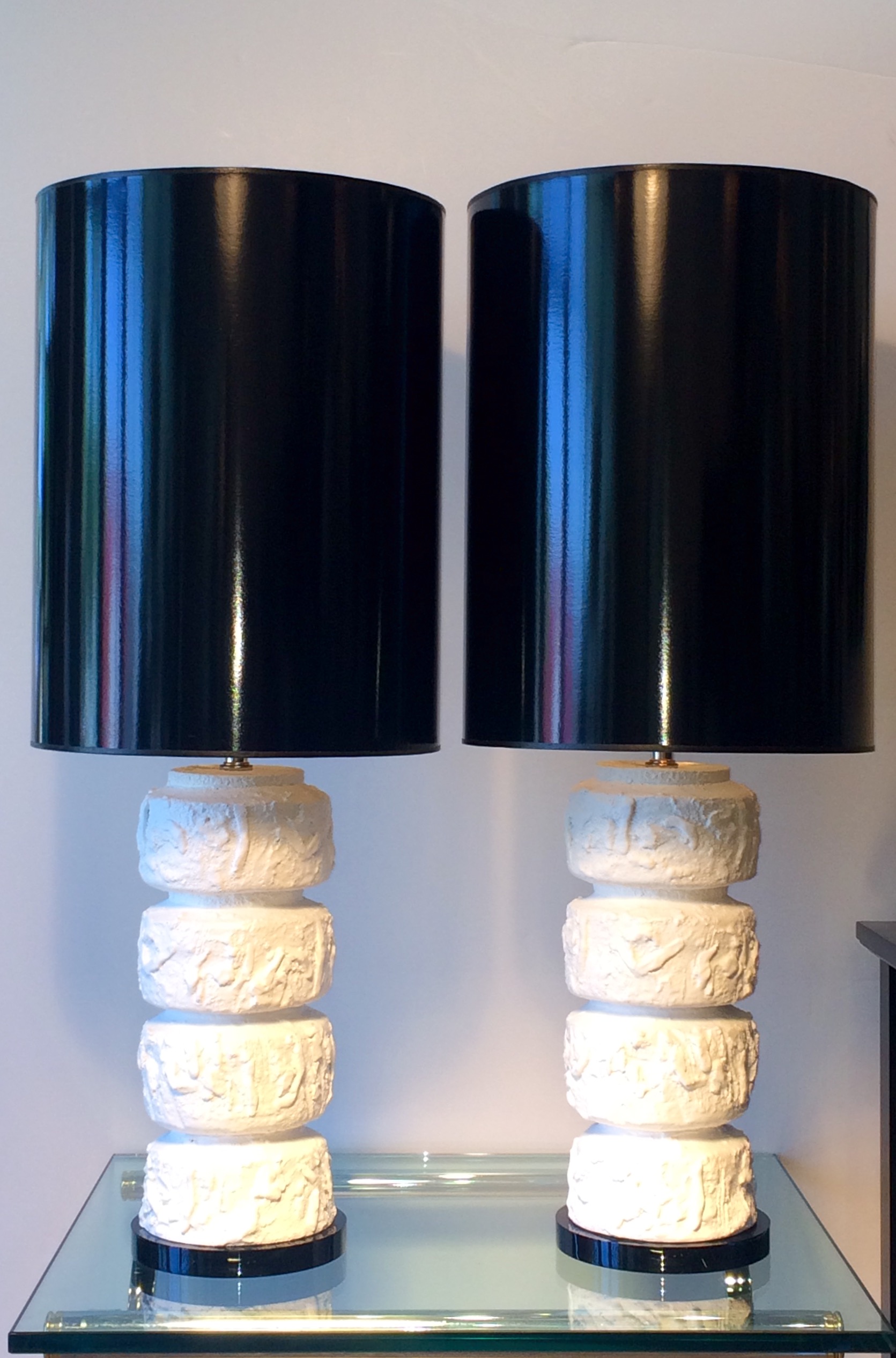SOLD   Pair Brutalist plaster lamps on black Lucite bases