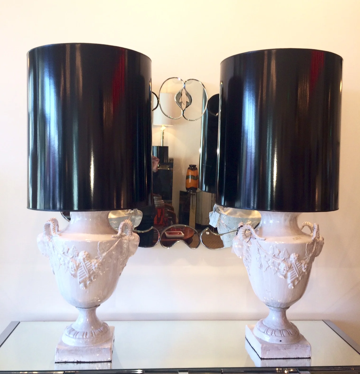 SOLD    113065  Pair large Pottery urns as lamps
