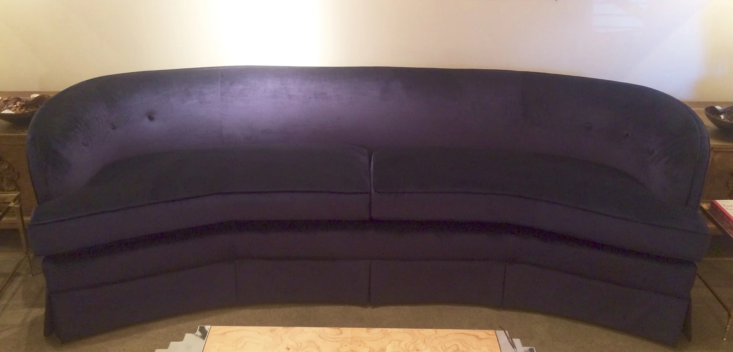 SOLD     100118   1960's curved blue & rayon velvet sofa