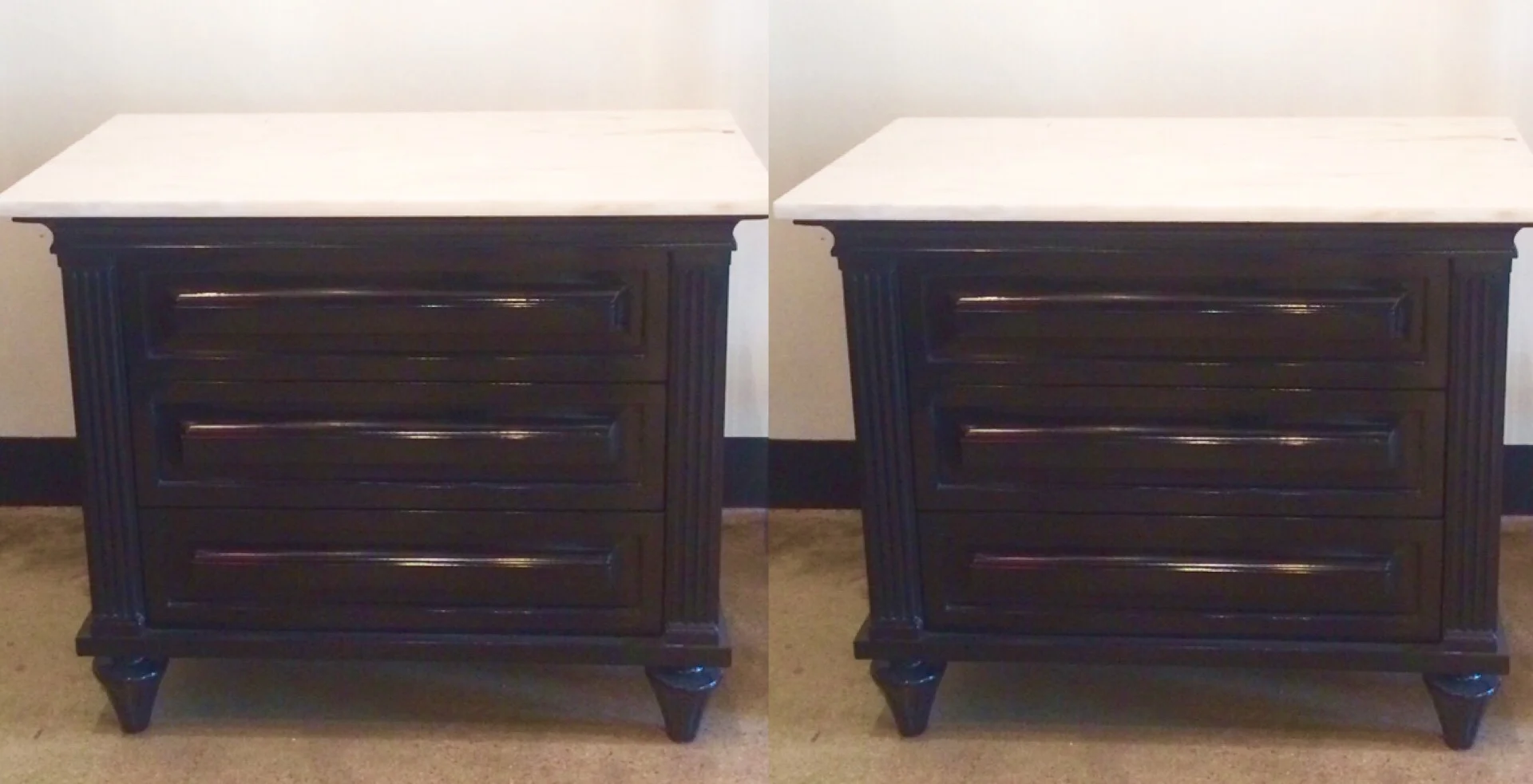 SOLD    Pair black lacquered Hollywood Regency end tables