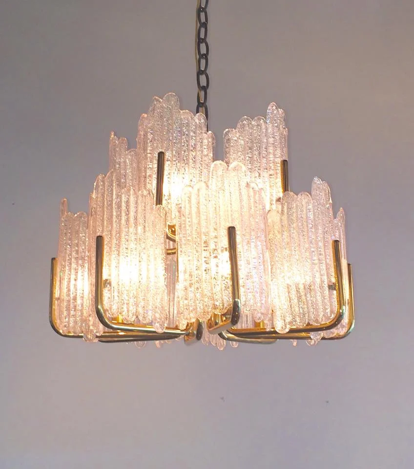 Kalmar ice glass Chandelier with Brass frame