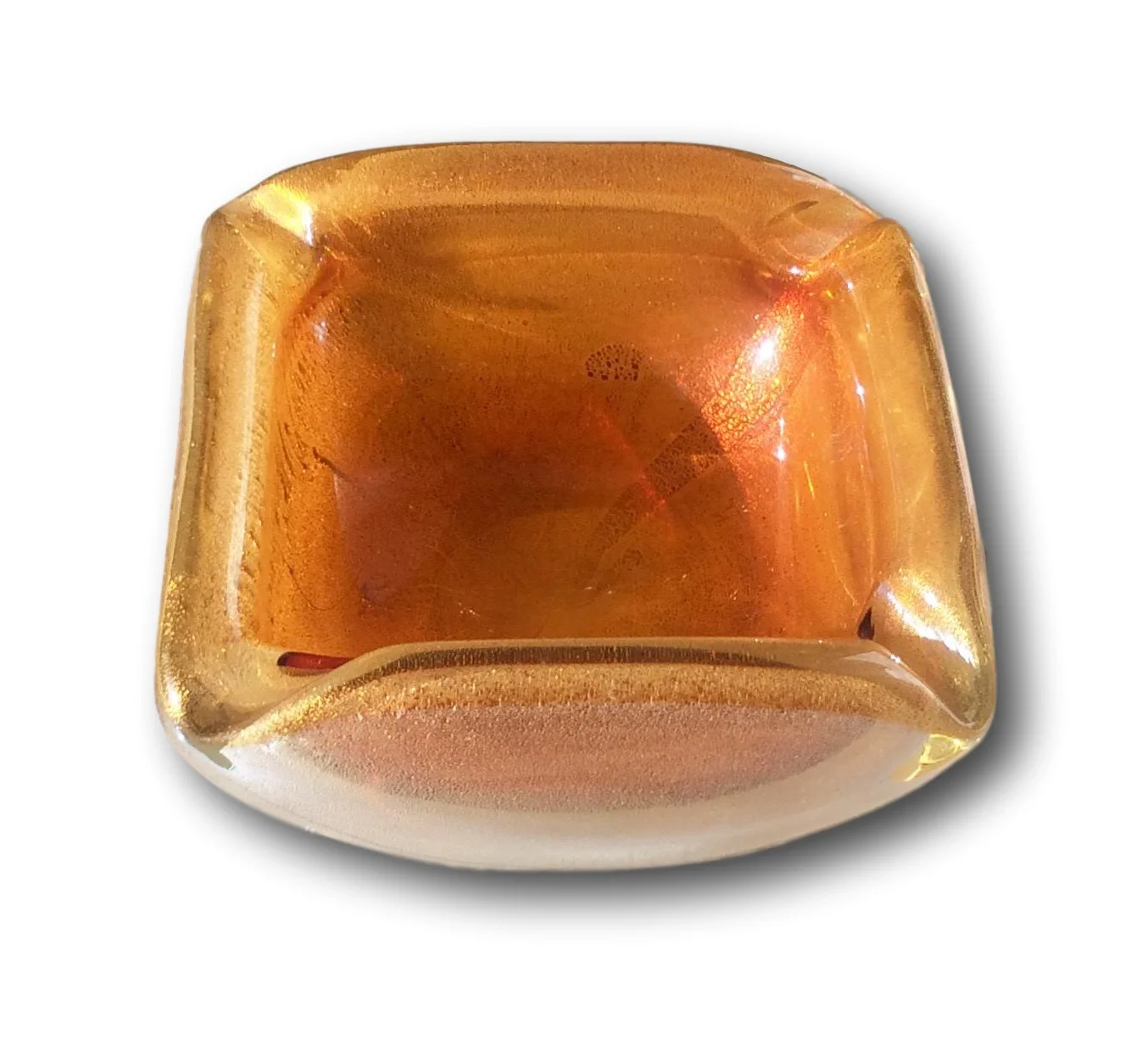 SOLD    Cased Murano bowl clear & amber with gold inclusions