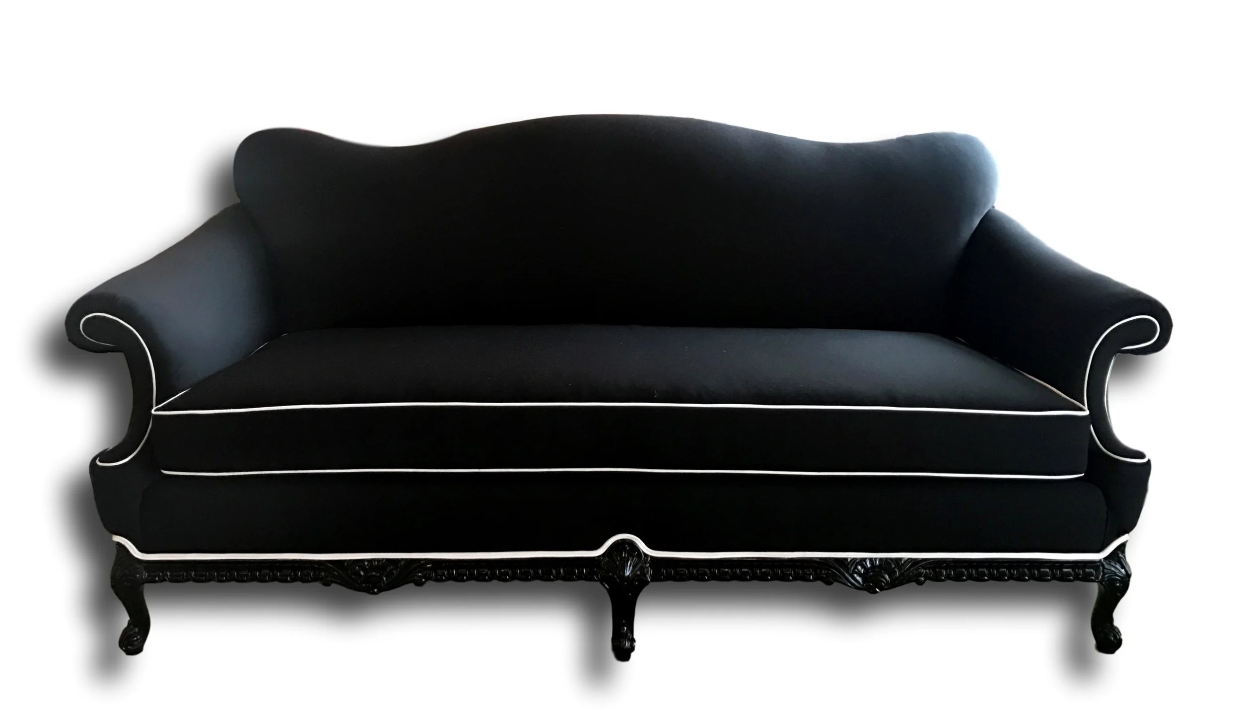 Resytled client's Sofa; lacquering the frame black & upholstering it in black canvas and white welt