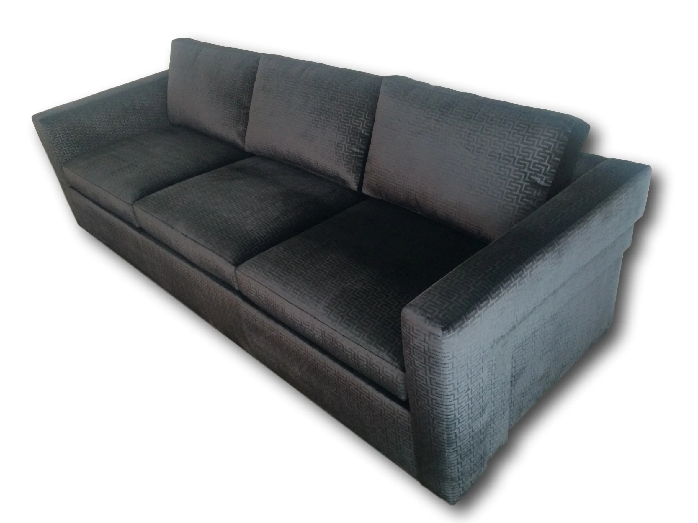 Our Custom made  Milo Baughman style Sofa in black Greek key velvet; available in a variety of fabrics