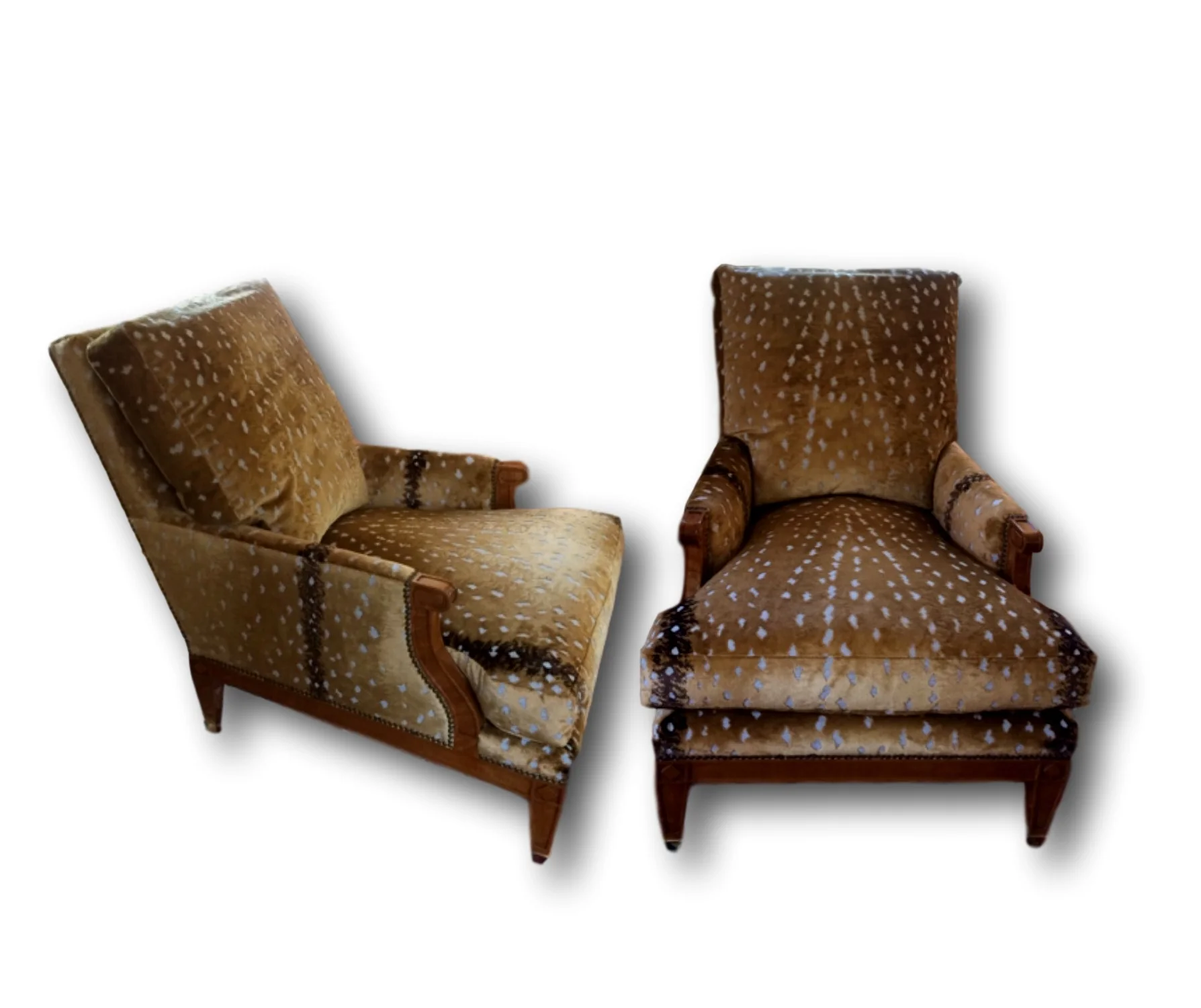 Custom made Louis XVI style Lounge chairs designed by James McInroe covered in Antelope velvet