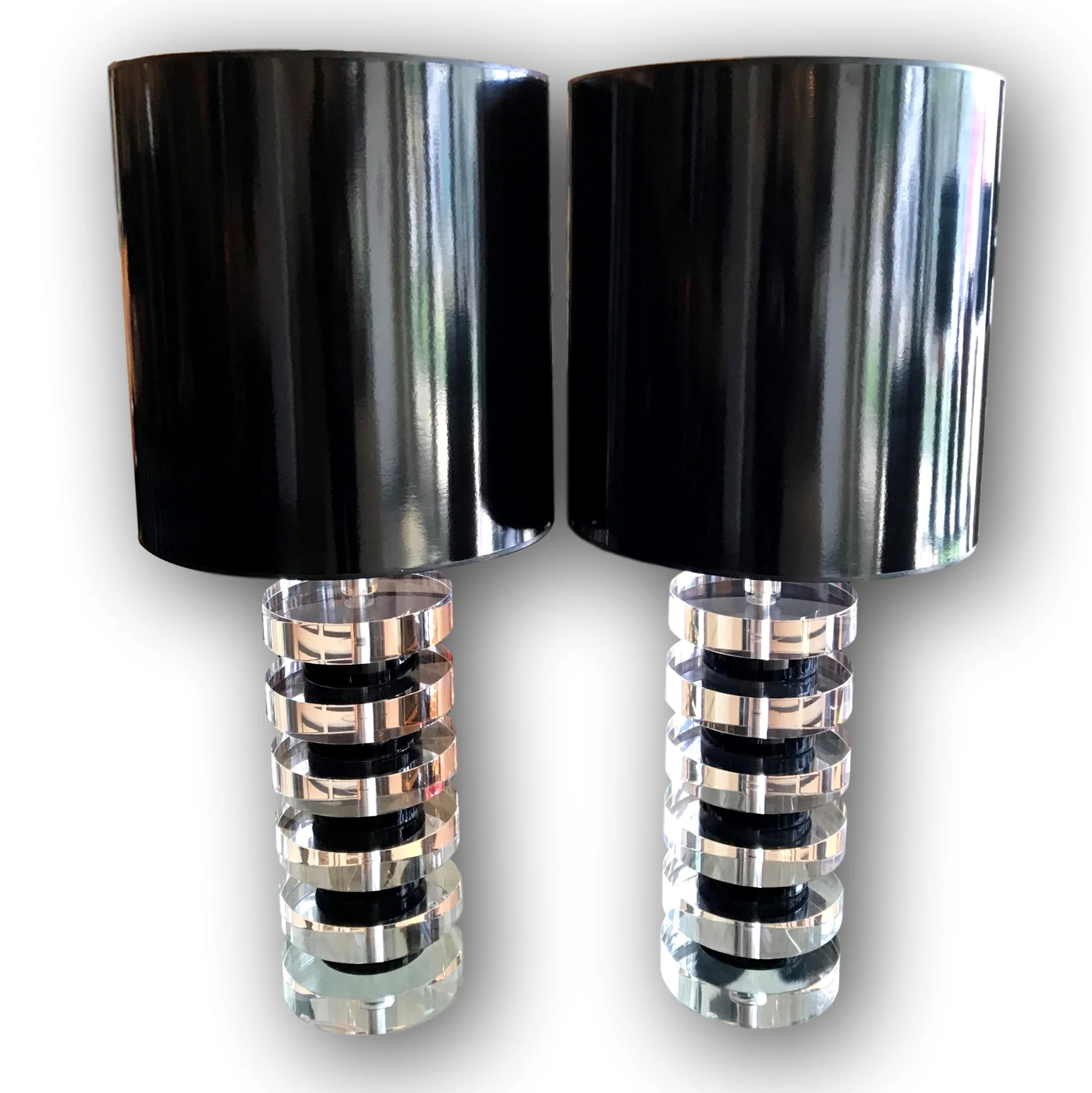 Pair clear & black Lucite stacked Lamps