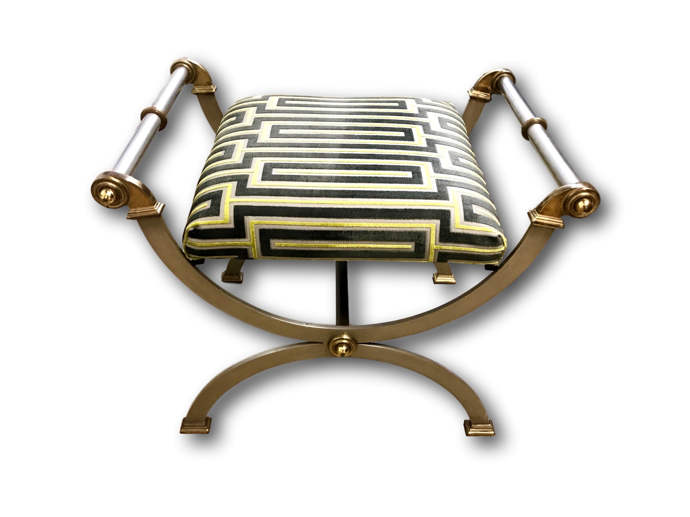 Mid 20th. century Brushed steel & brass Bench Newly covered in velvet