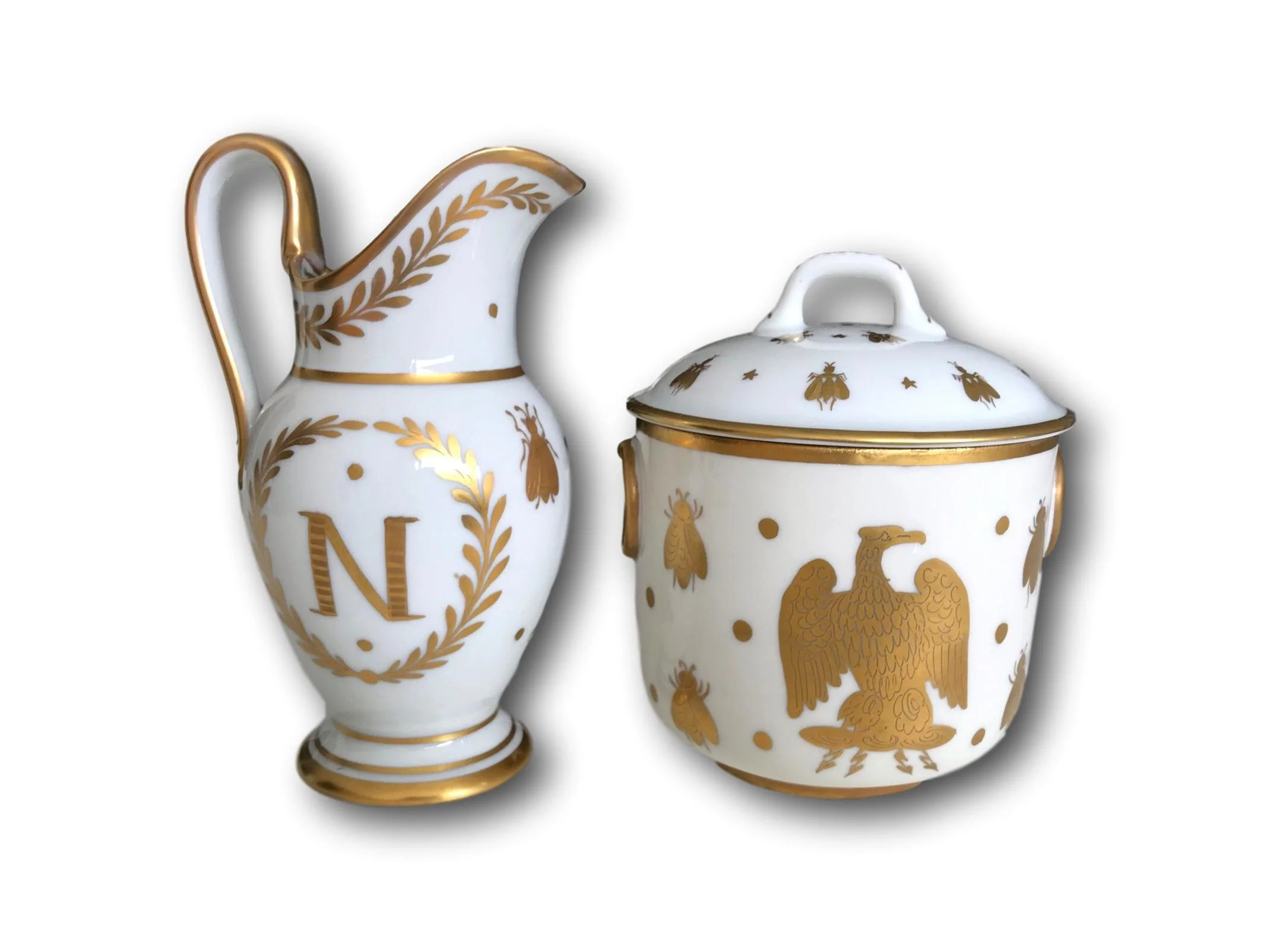 Set of 2 French porcelain small ewer -marked Limoges France hand painted- &amp; lided bowl -marked Decor main France-with fine gilt Napoleonic decoration; 