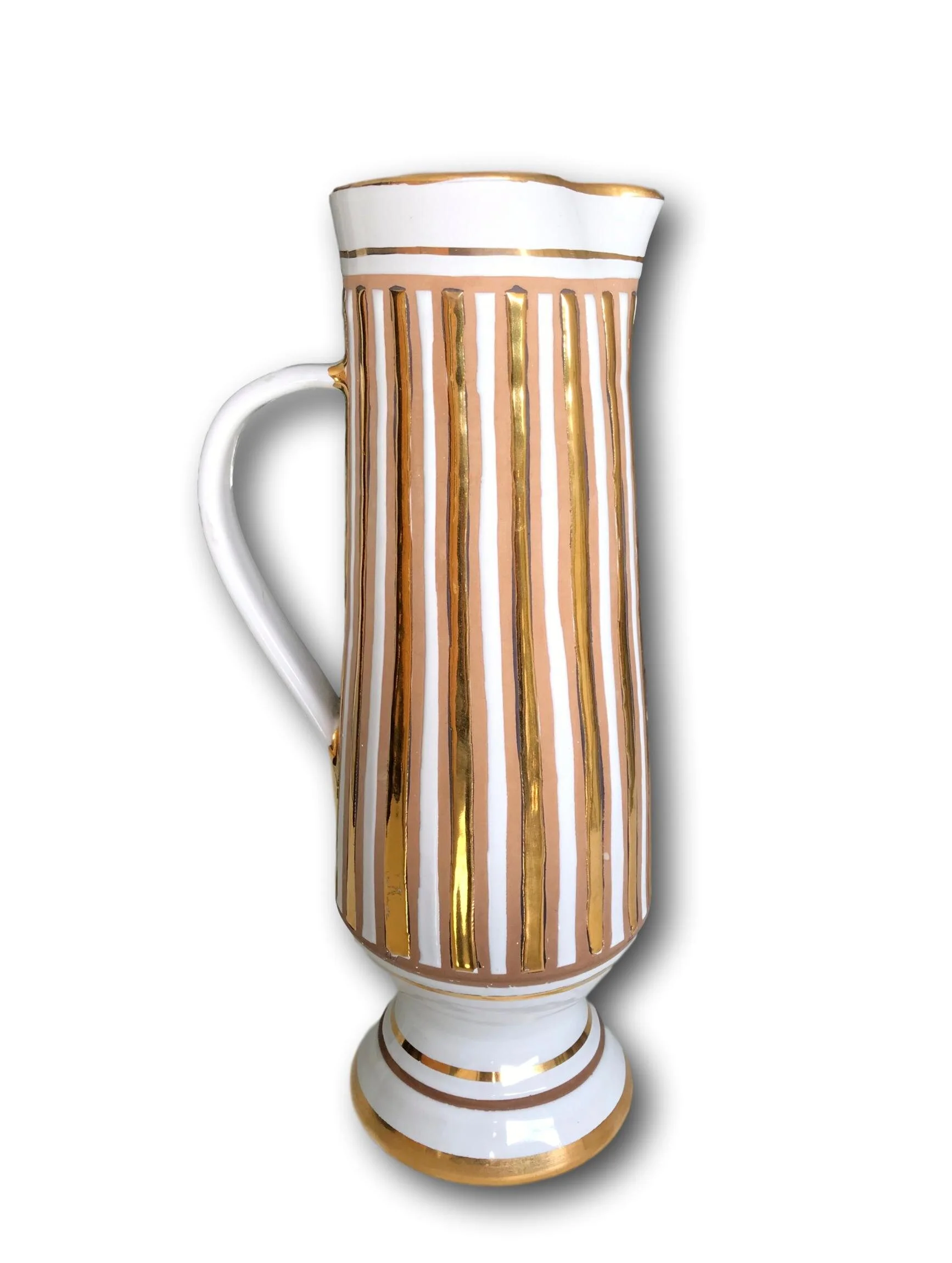 1950's Italian pottery tall ewer w/stripes of white, beige &amp; gold