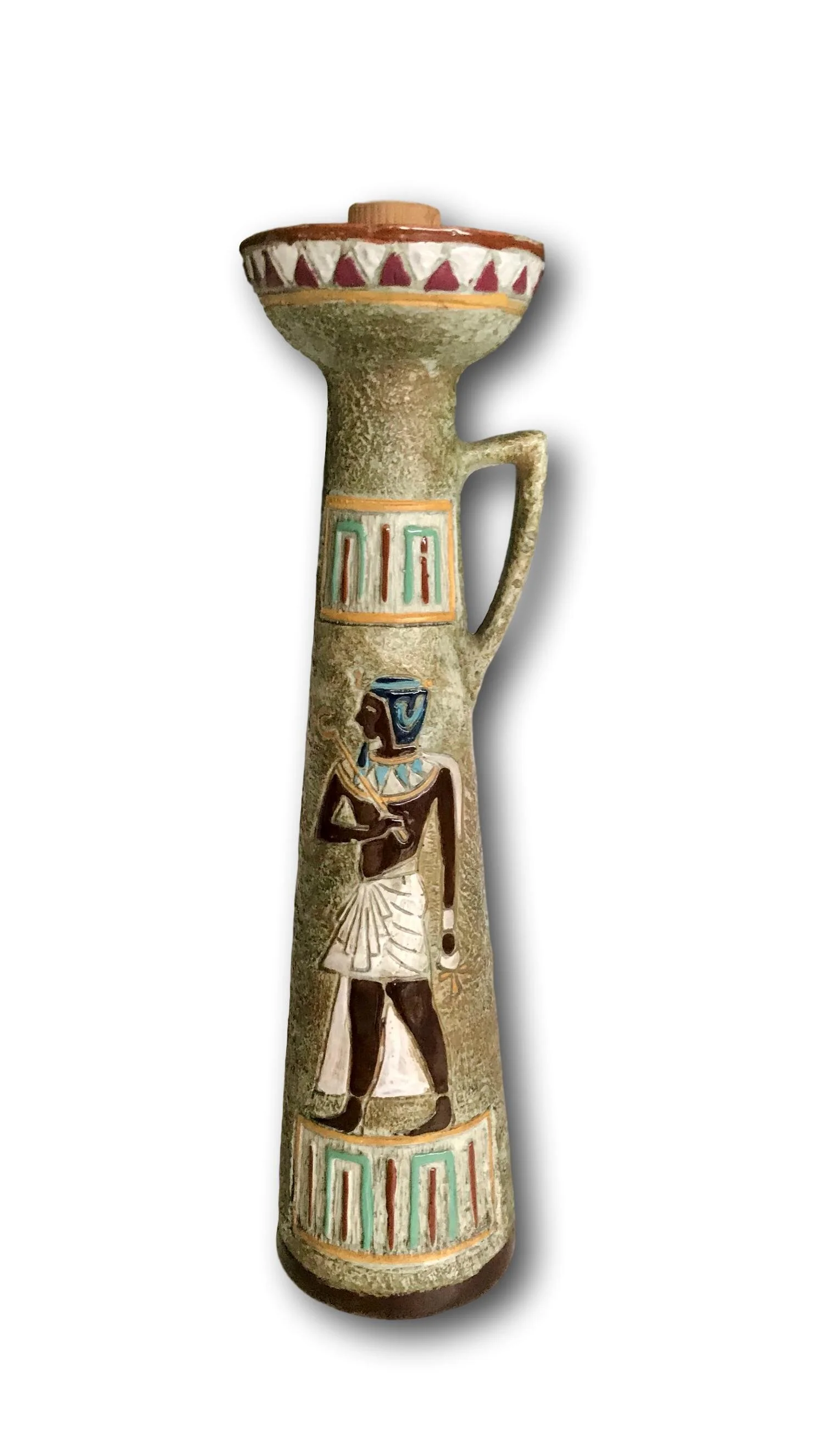 SOLD   1960's Italian pottery tall wine decanter with Egyptian decoration