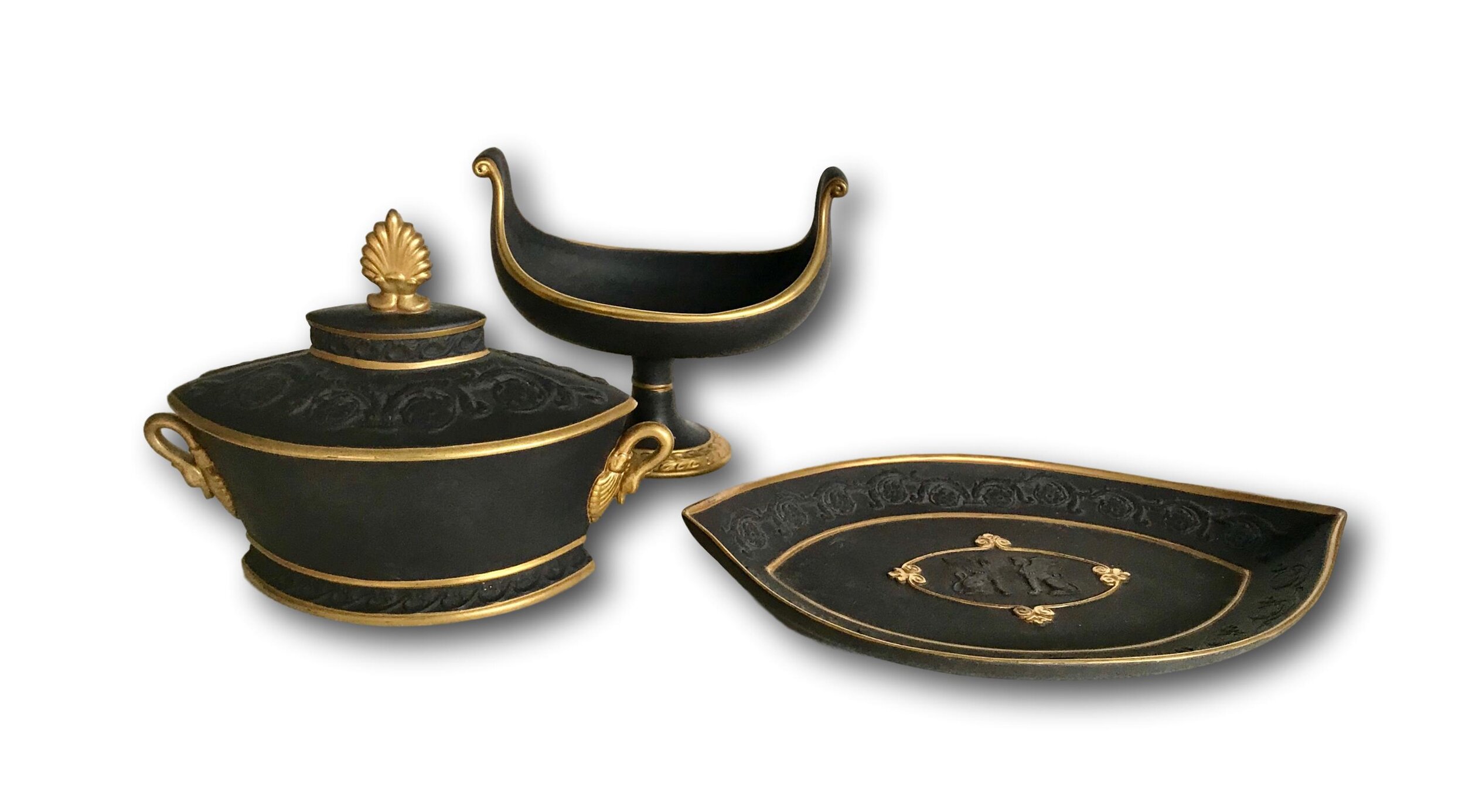 SOLD  Set of 3 1960's Mottahedeh black basalt oval plate, lided oval bowl &amp; footed bowl w/neoclassical reliefs &amp; gilt decoration