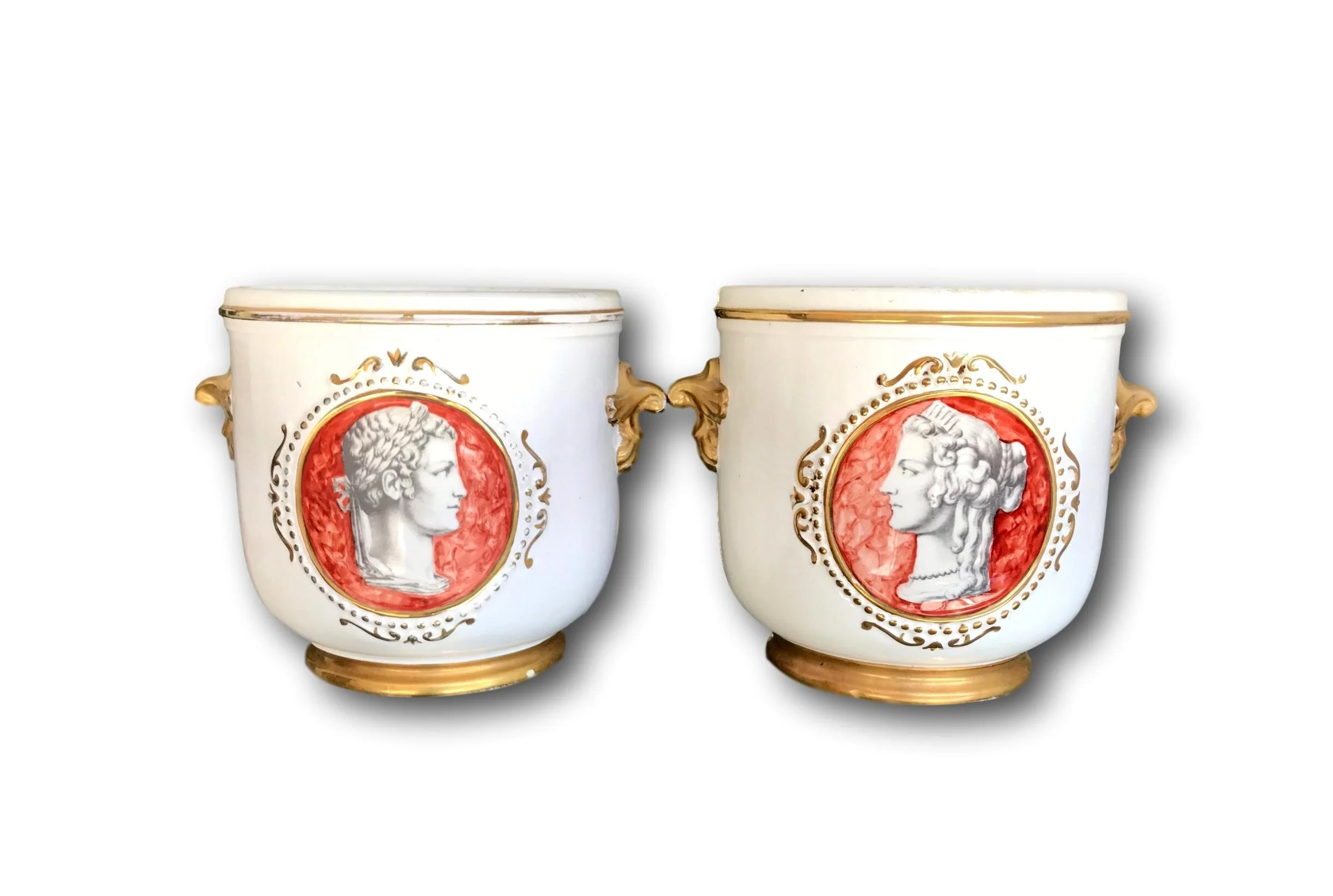 Pair of 1940"s Zaccagnini white porcelain cachepots with red cameos and gilt decoration