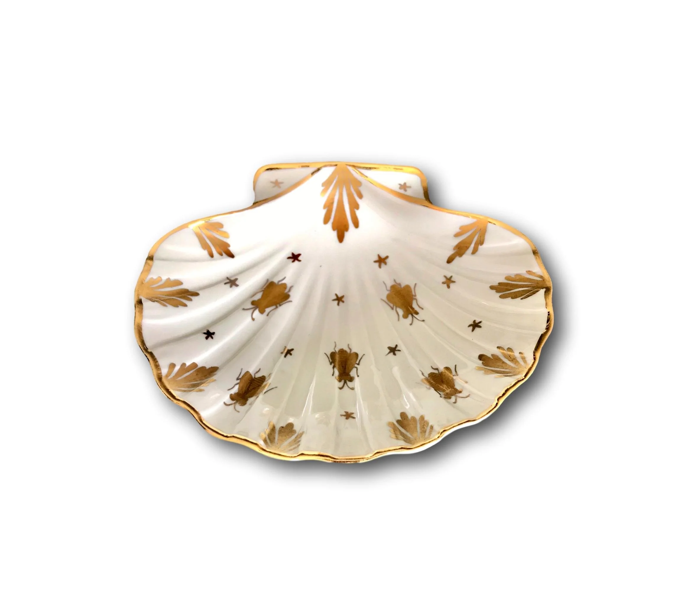 SOLD   French shell shaped porcelain bowl with fine gilt Napoleonic bees decoration; marked Decore main France, N