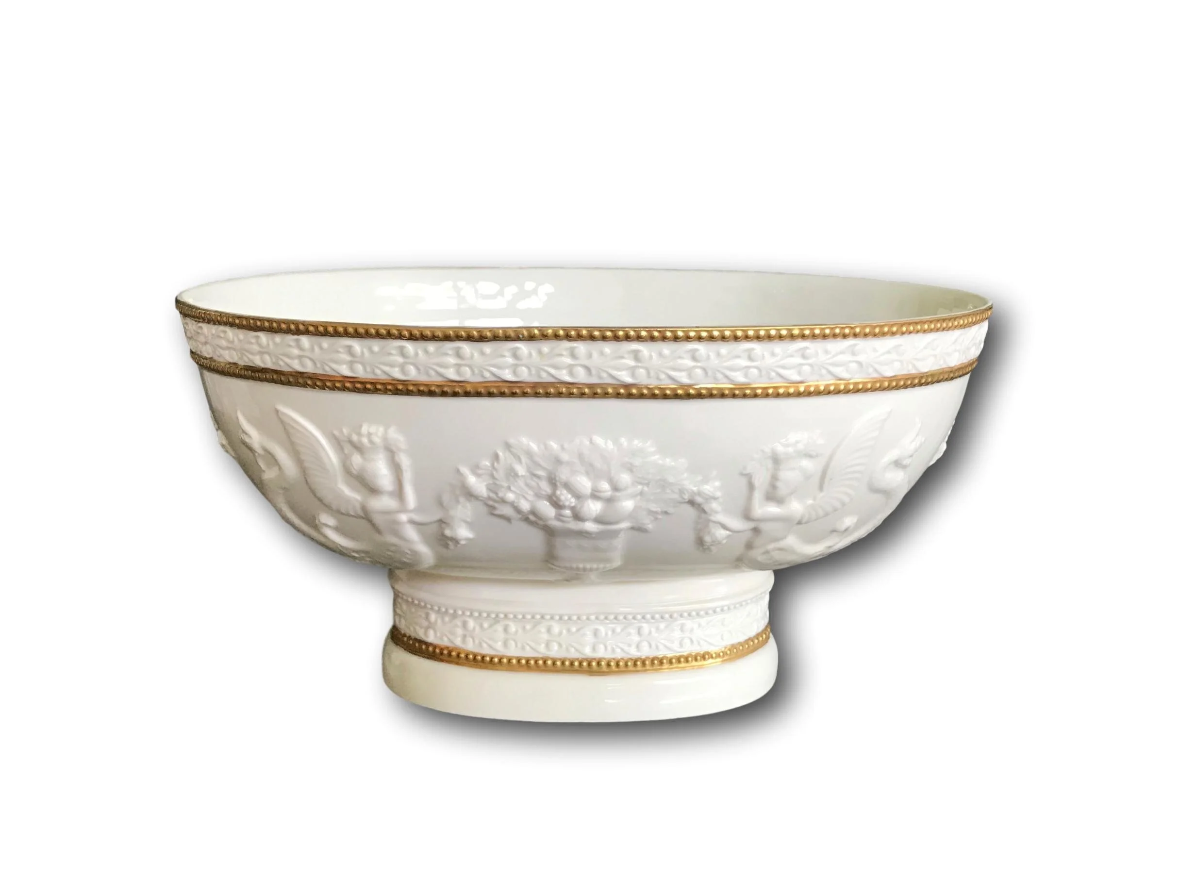 1960's  Italian Agostinelli oval footed bowl w/reliefs of sirens in gloss white  porcelain &amp; gold