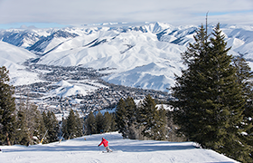 Mountain scenery and skier in Sun Valley, Idaho