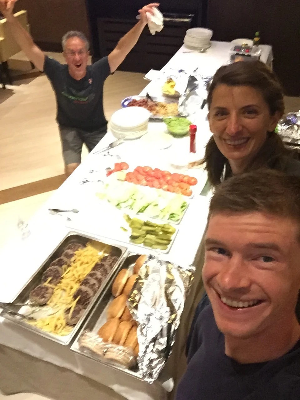 Seriously, nutrition is 80% of recovery, and our chefs Sean and Olga took amazing care of us. Traditional grand tour burger night on the penultimate stage. 