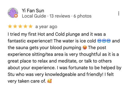 Google review of Float House Vancouver cold plunge by Yi Fan Sun