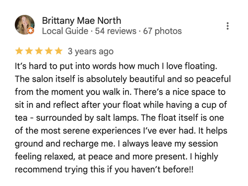 Google review of Float House Vancouver float therapy by Brittany Mae North