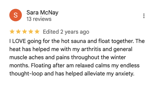 Google review of Float House Vancouver infrared sauna by Sara McNay