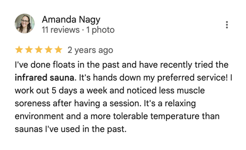 Google review of Float House Vancouver infrared sauna by Amanda Nagy