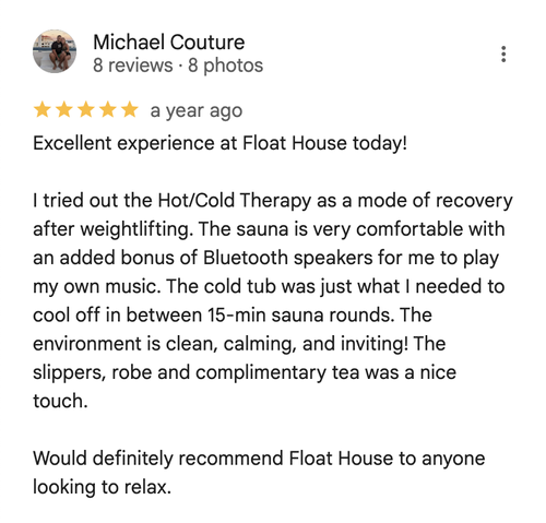 Google review of Float House Vancouver cold plunge by Michael Couture