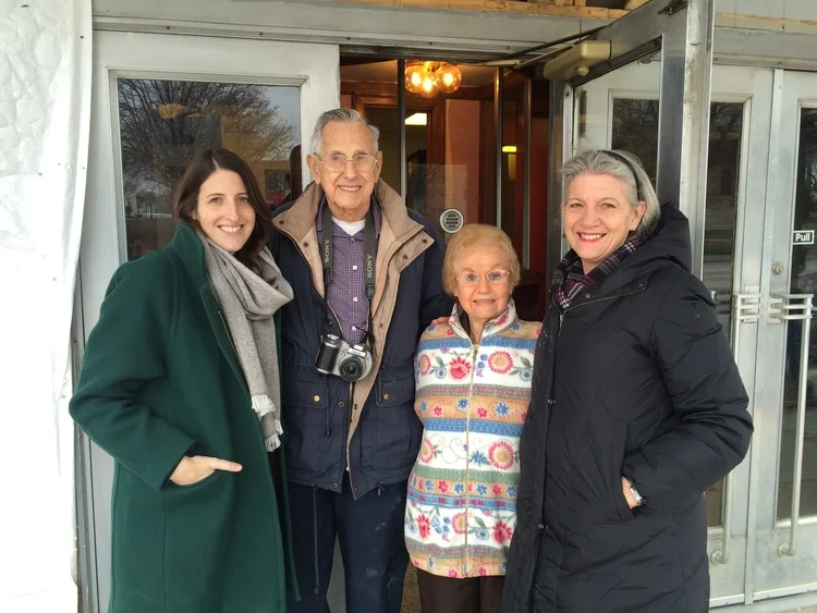 Rebecca Fons, Fred Kuntz, Jane Martens and Marianne Fons, 2015. Fred worked as a projectionist and Jane as a ticket seller at The Iowa in the 1950s.