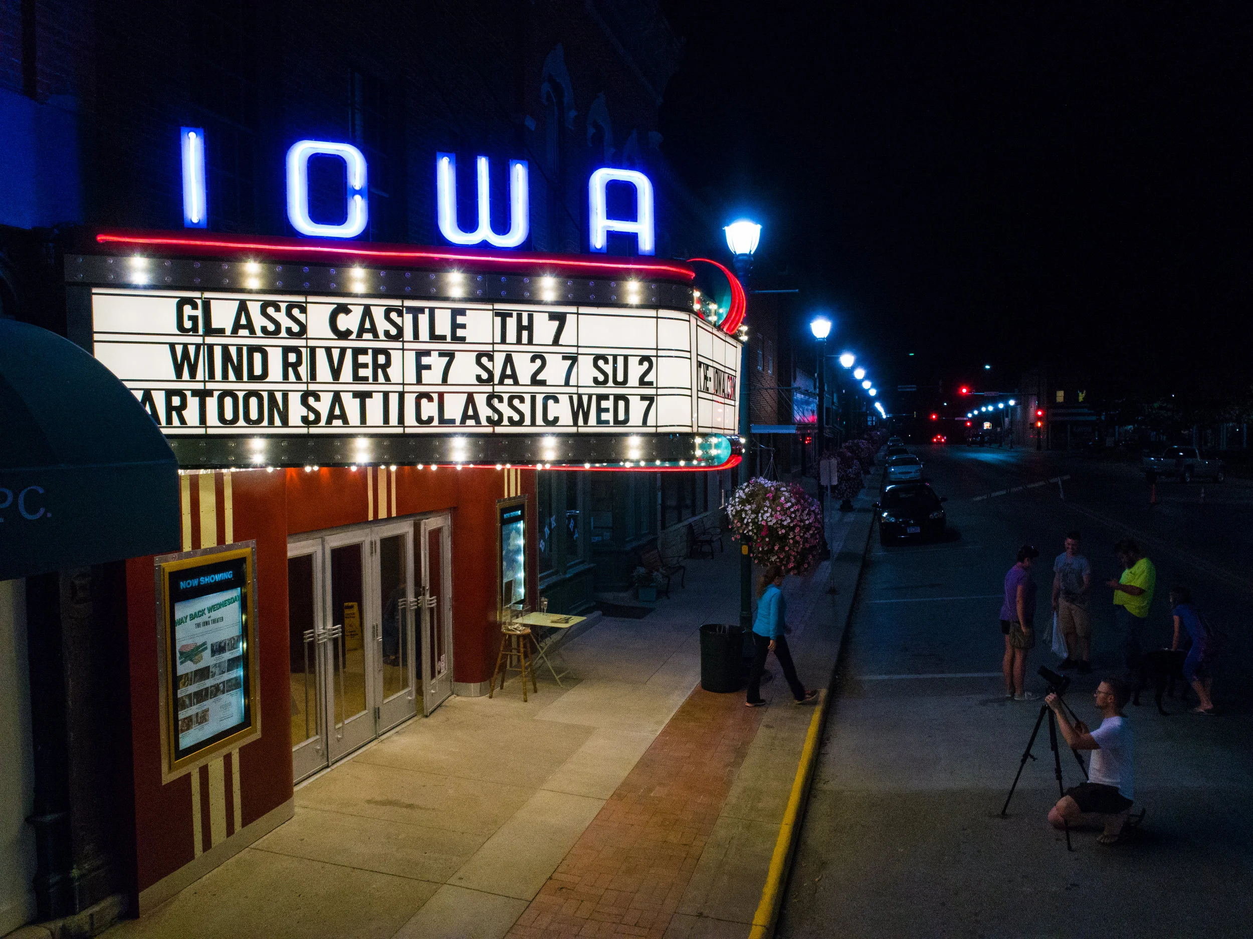 The Iowa's full marquee lights were turned on - after being dark for more than thirty years - on September 12, 2017! Photo courtesy Todd Scott.