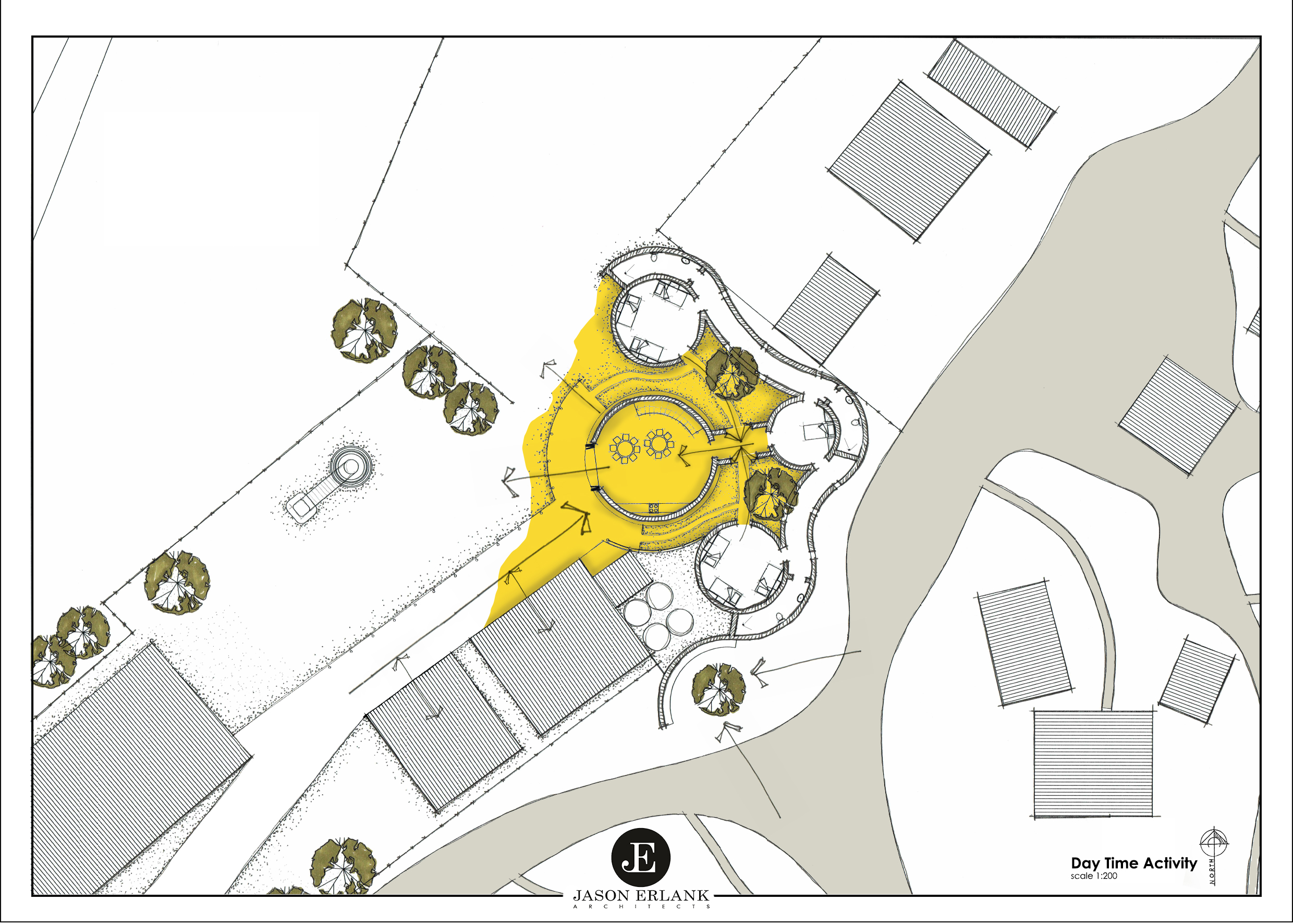 Daytime circulation that promotes openness and outdoor play. Doors open from bedrooms and communal domes into the open courtyard spaces between domes and out to the playground and garden.
