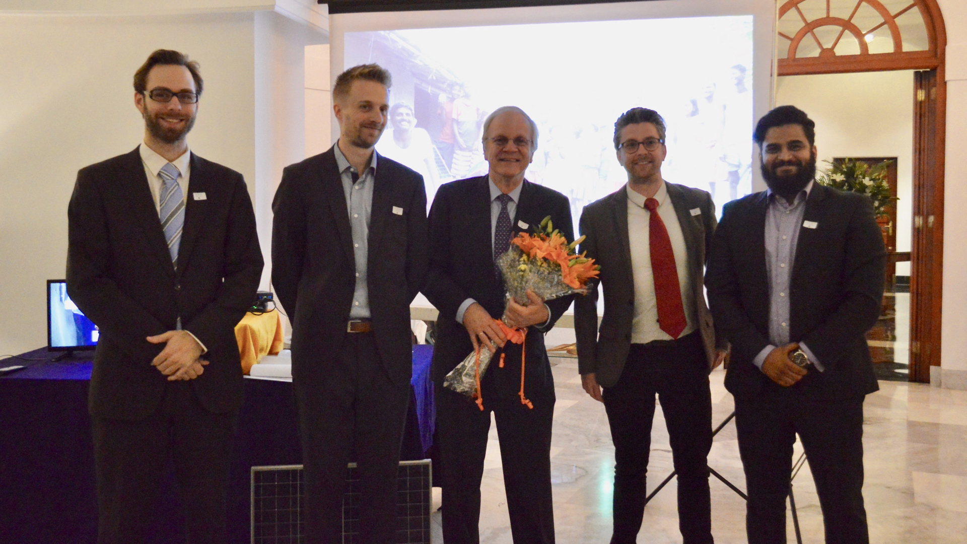 Rob, Evan, Mr. Ambassador Alphonso Stoelinga, Harmen and Prarabdh after launching the kit and sharing the vision of Rural Spark.