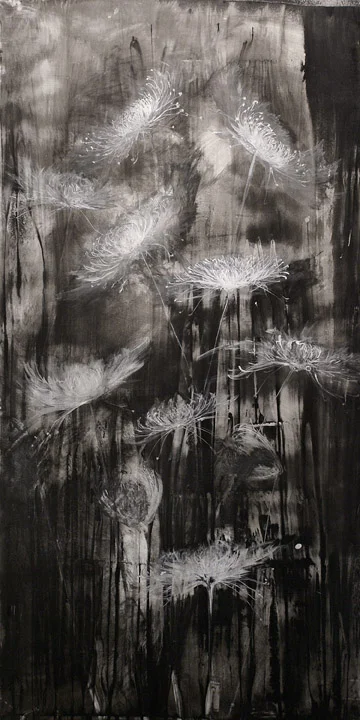   Spider Mum 
 24"x48"&nbsp;ink and charcoal on vellum on panel  