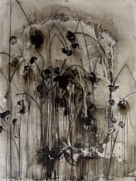   Beyond the Fence/FF sale Joan Kushner ink and charcoal on vellum 48 x 36 inches 2010  