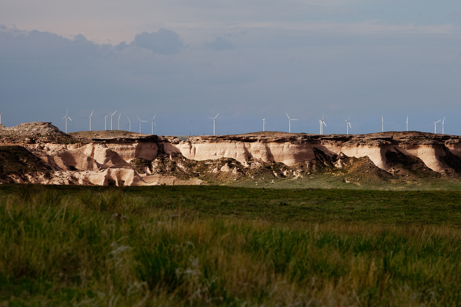 Wind farms are impossible to miss near the Pawnee Buttes.