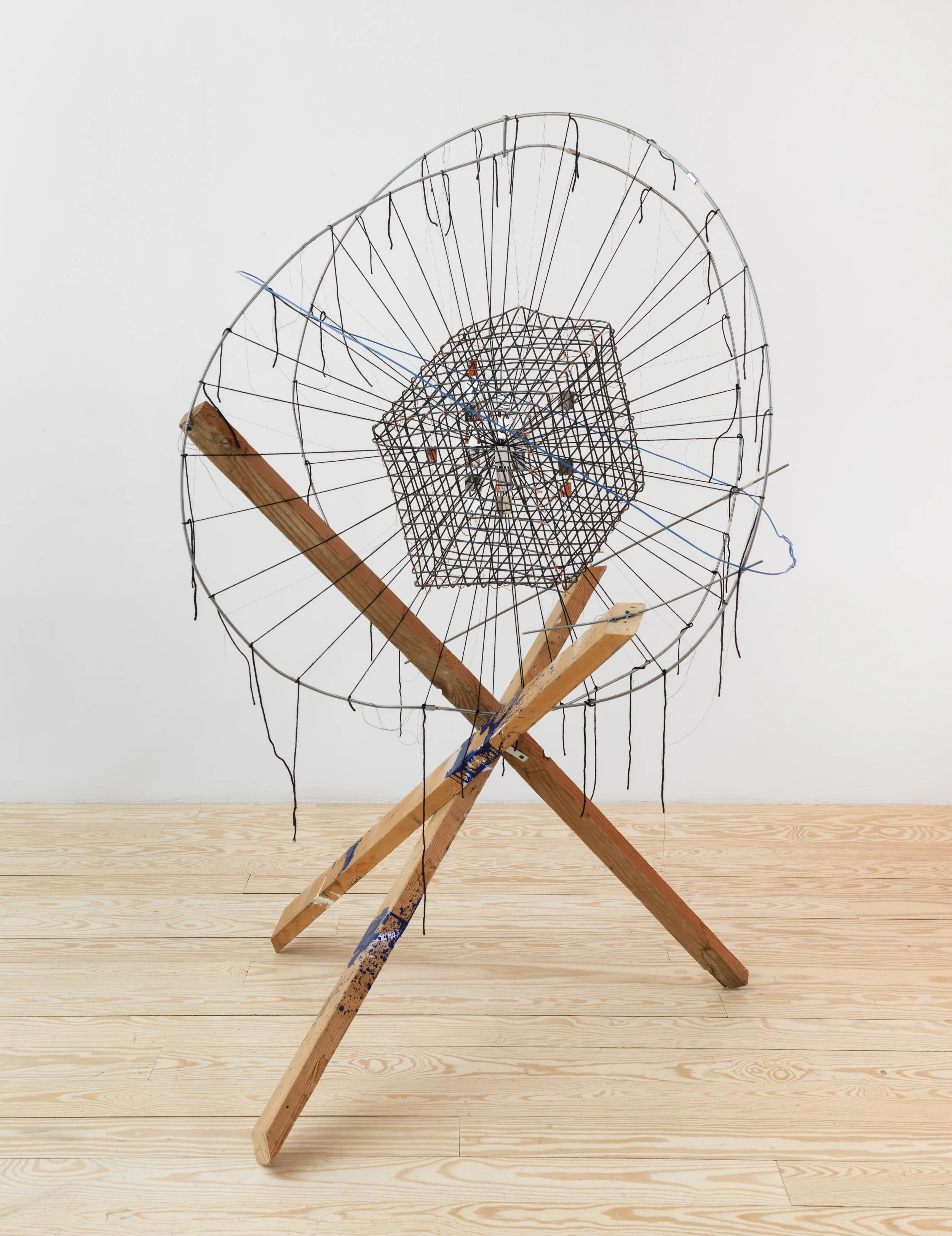 Powers of Tenuous. 2014, 69 x 52.5 x 47.5 inches. Wood, wire, metal, yarn, beeswax, mylar, thread, plastic