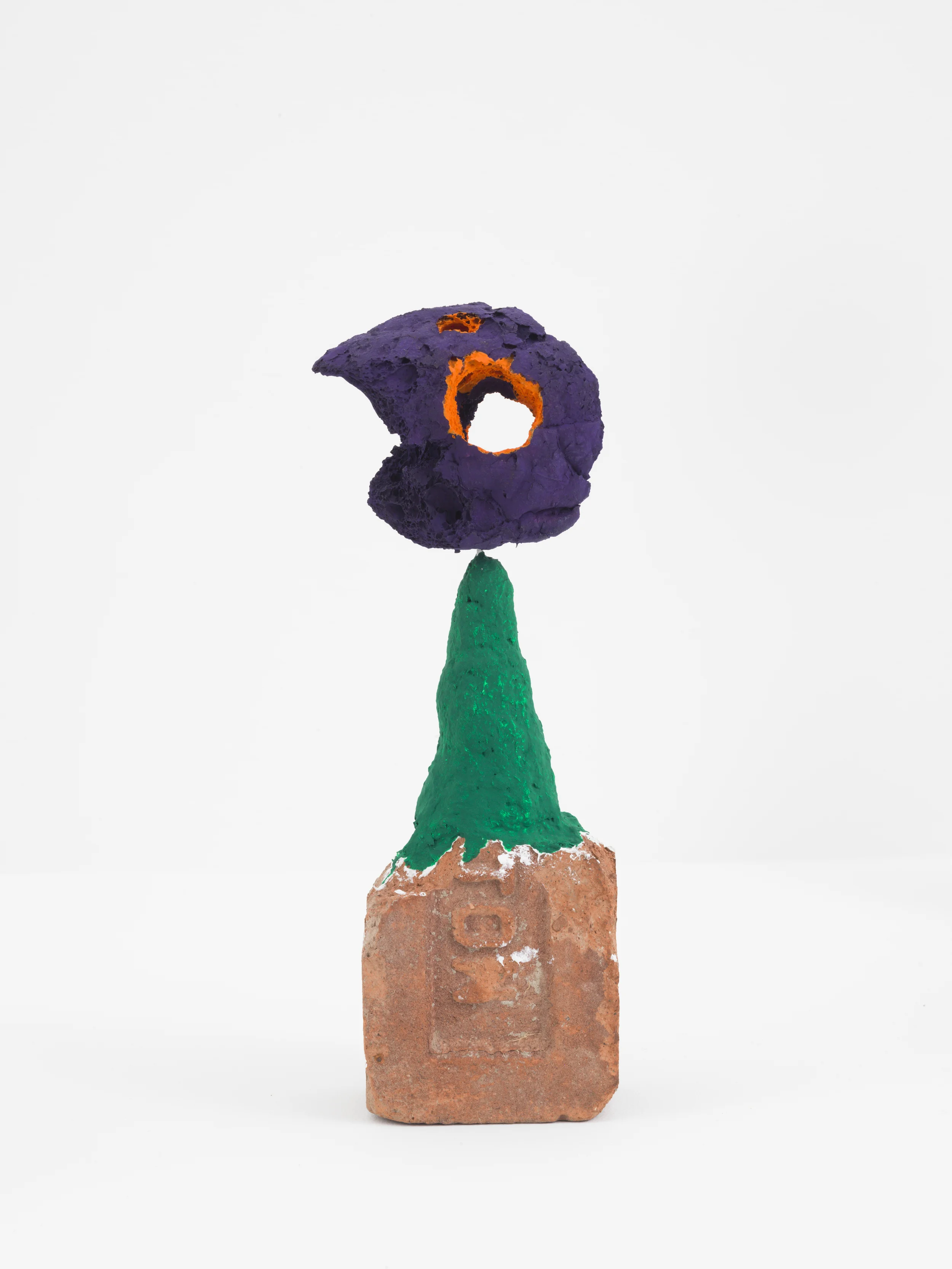 Driftloaf (Purple/Orange on Green), 2015. Brick, wire, paint, papier-mâché, bread 12 x 4.5 x 3 inches.