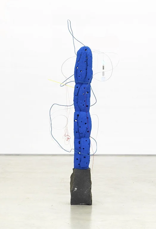 Driftloaf Totem (Blue), 2016, 57" x 20" x 26" Bread, stone, paint, wire, acrylic polymer, thread, mylar, modeling clay