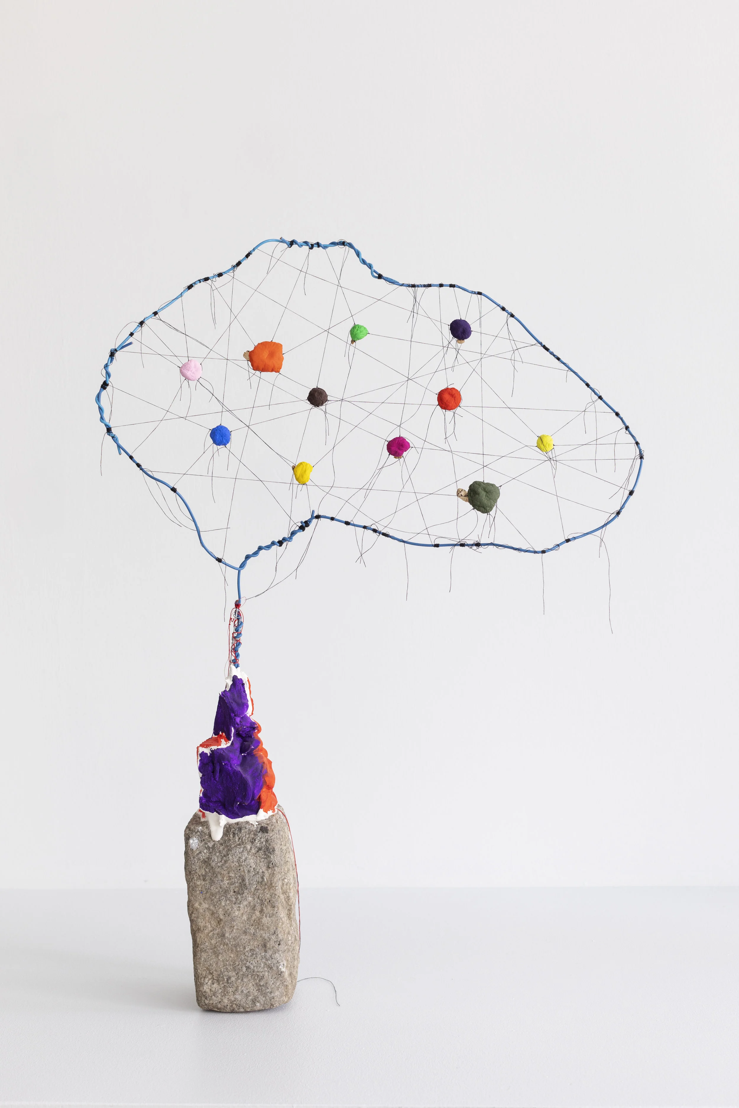 Motherboard, 2018, 30 x 24 x 4 inches, plaster, cobblestone, plastic-coated wire, mushrooms, thread, paint