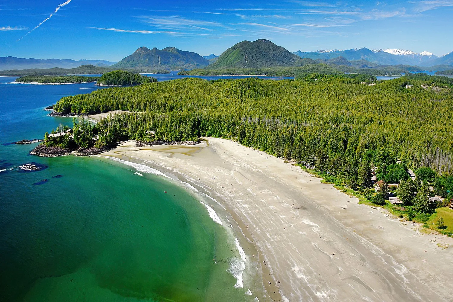 An aerial photo of MacKenzie Beach, Vancouver Island, BC, Canada.  The beach is famous for beachcombing, walking, and watching dramatic sunsets over the Pacific Ocean.