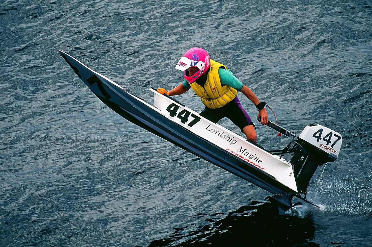 An aerial photo of the annual bathtub race Nanaimo, BC, Canada.  Contestants race modified bathtubs across 36 miles (59 km) of ocean running from Nanaimo Harbour across the Strait of Georgia.