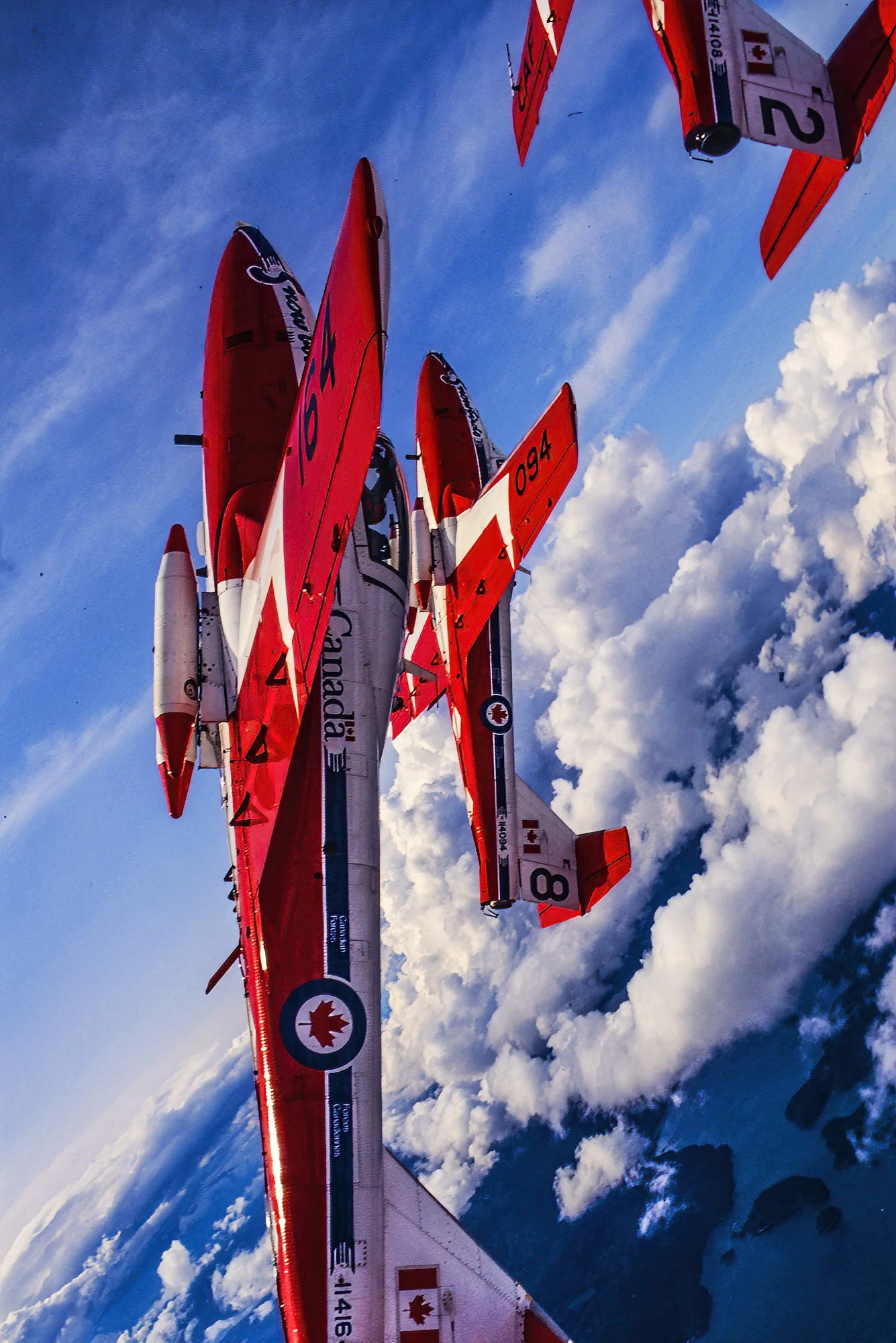 An aerial photo of the Canadian Forces Snowbirds, 431 Squadron, BC, Canada 