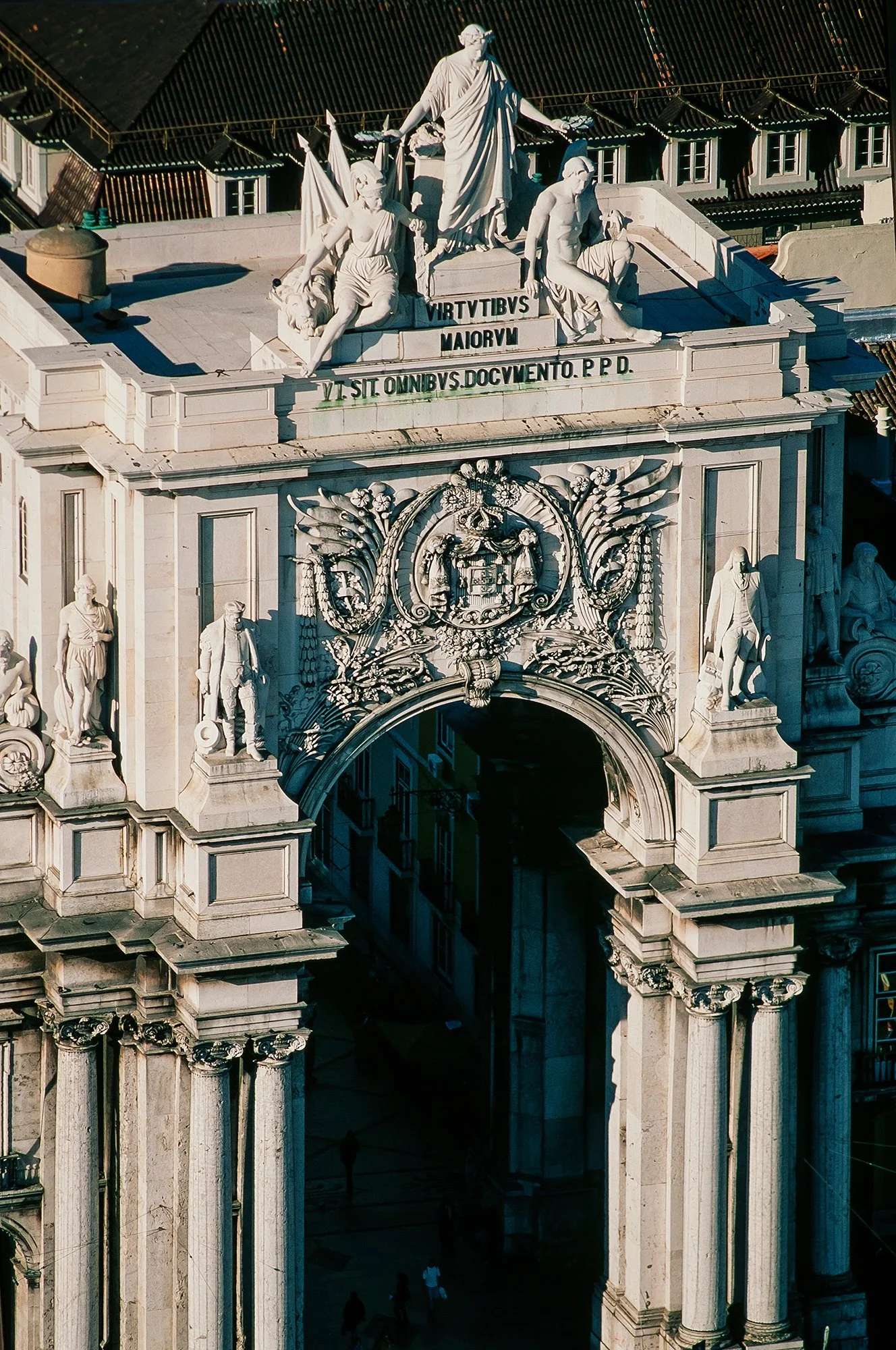 An aerial photo of the Triumphal Arch of Praca do Comercio, Lisbon, Portugal