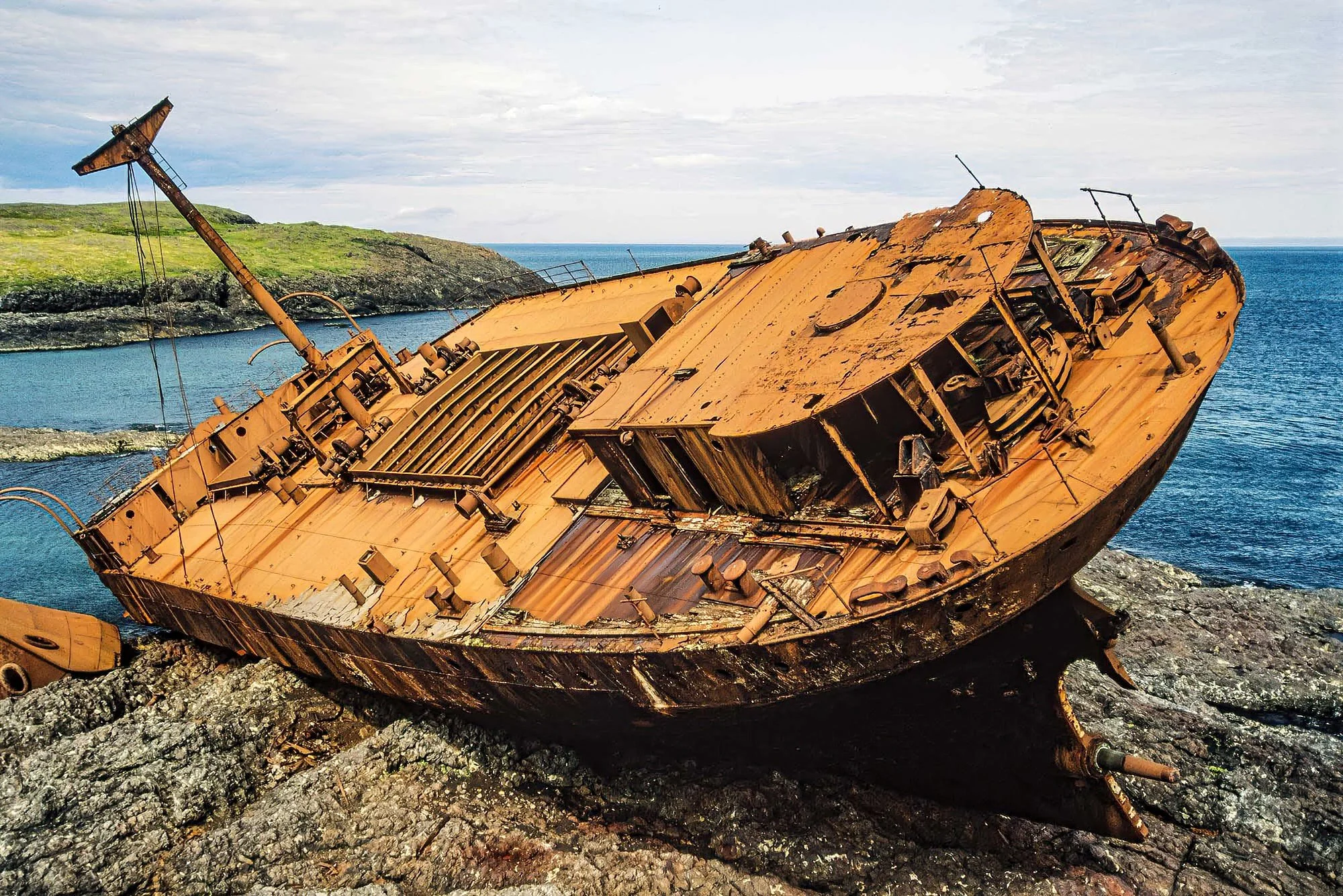 An aerial photo of a shipwreck near L'Anse aux Meadows, NFLD, Canada