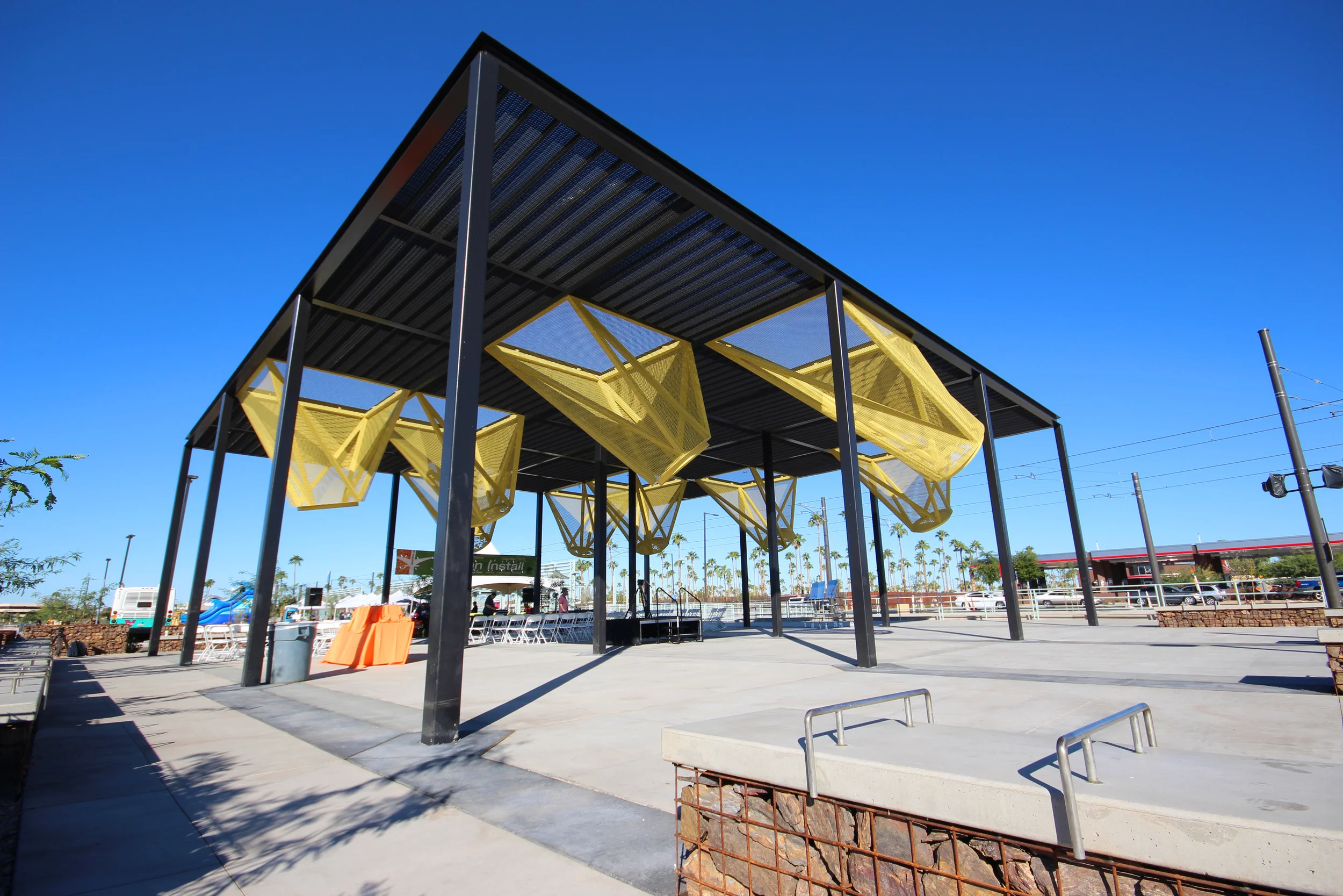 The completed canopy, seating, and plaza.