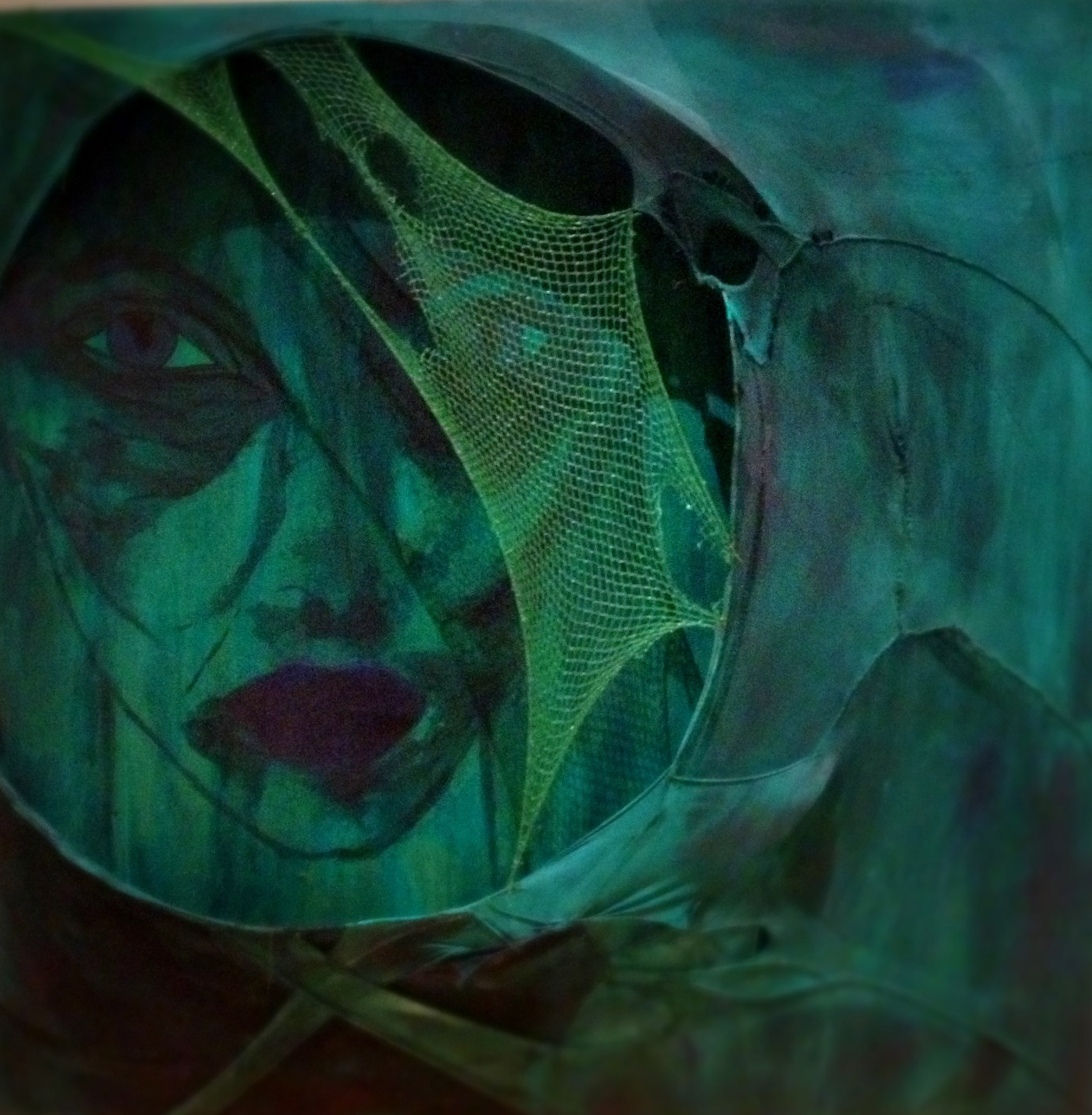Skin, 2014, acrylic paint, wire, nylon tights, recycled produce netting on wood, 4'x4'