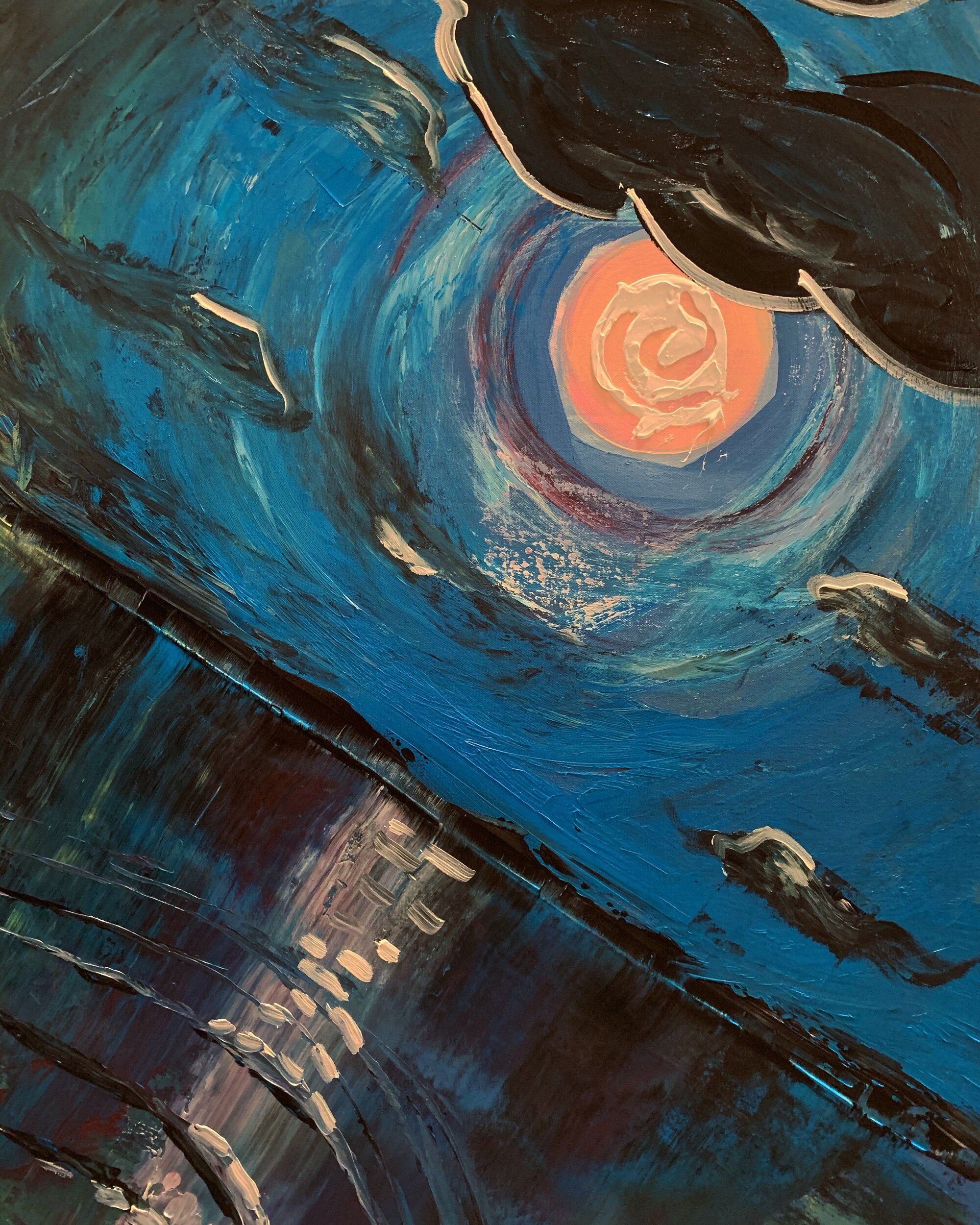 “Lying in a Boat Under a Pink Moon” 30”x40” acrylic on canvas, 2020