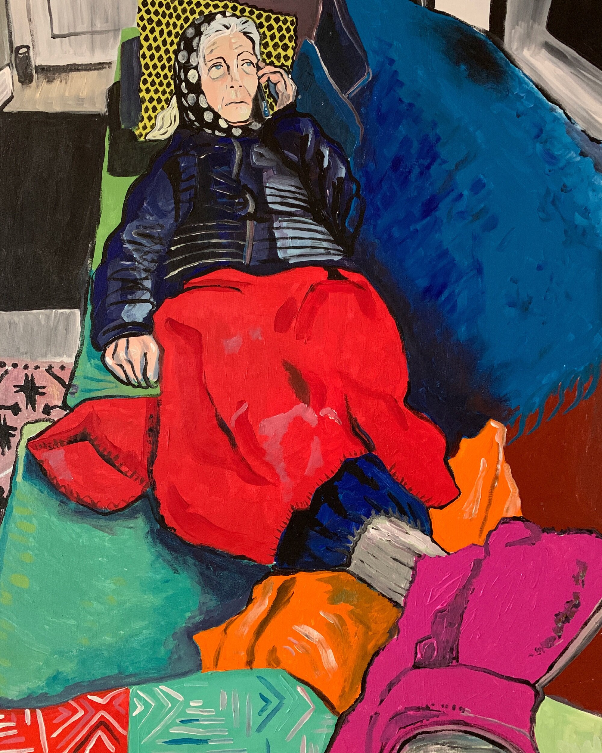 Oma on the Phone 30”x40” oil and acrylic on canvas, 2021