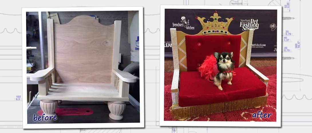 Shown here is our before and after photo of our Throne Chair, featured in the New York Pet Fashion Show.