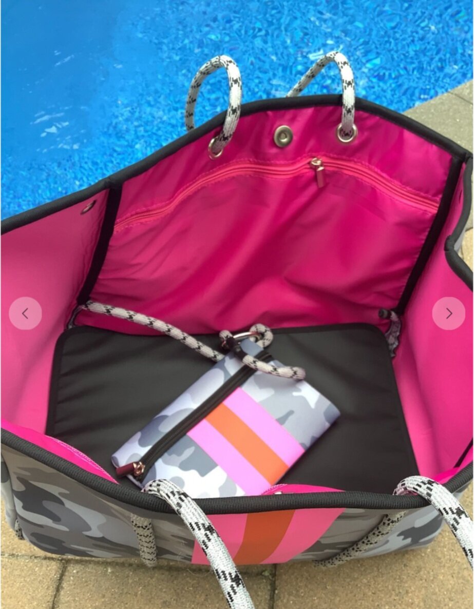 Pink and Green Stripe Camo Neoprene Tote Bag - Pressed to Impress, LLC